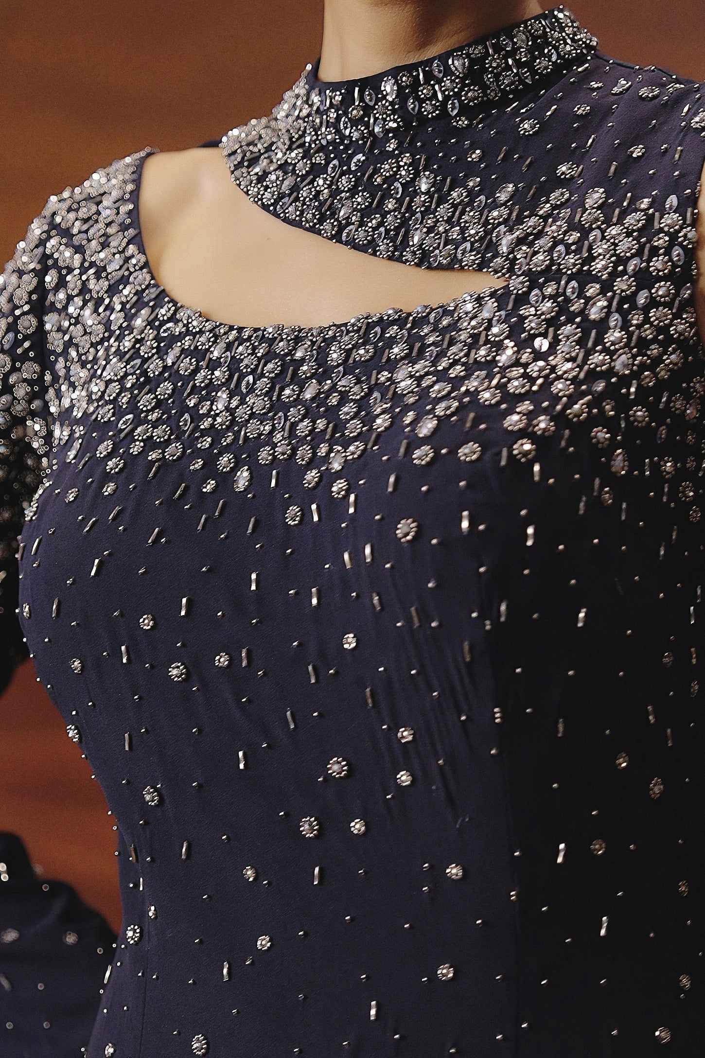 Deep Navy Blue Embellished Georgette Silk Gown - Image 2