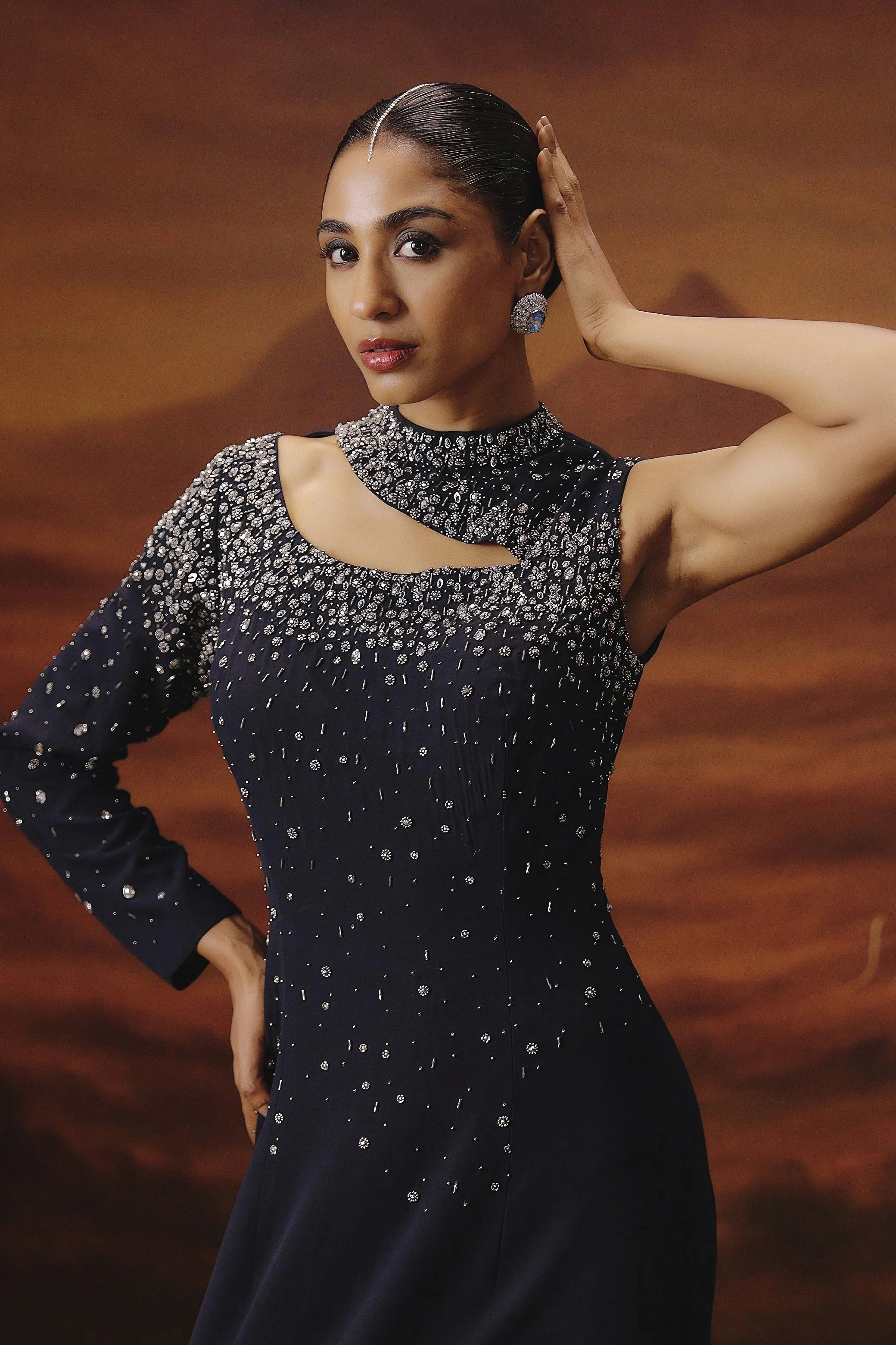 Deep Navy Blue Embellished Georgette Silk Gown - Image 3