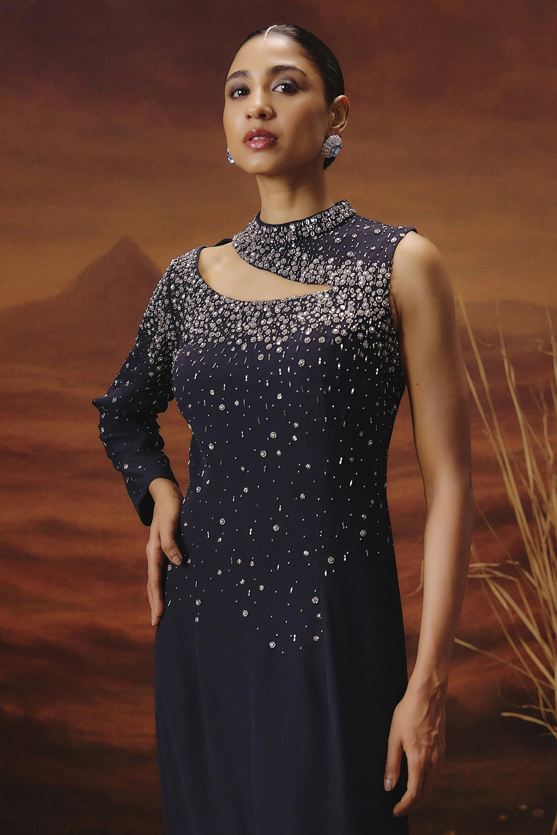 Deep Navy Blue Embellished Georgette Silk Gown - Image 5