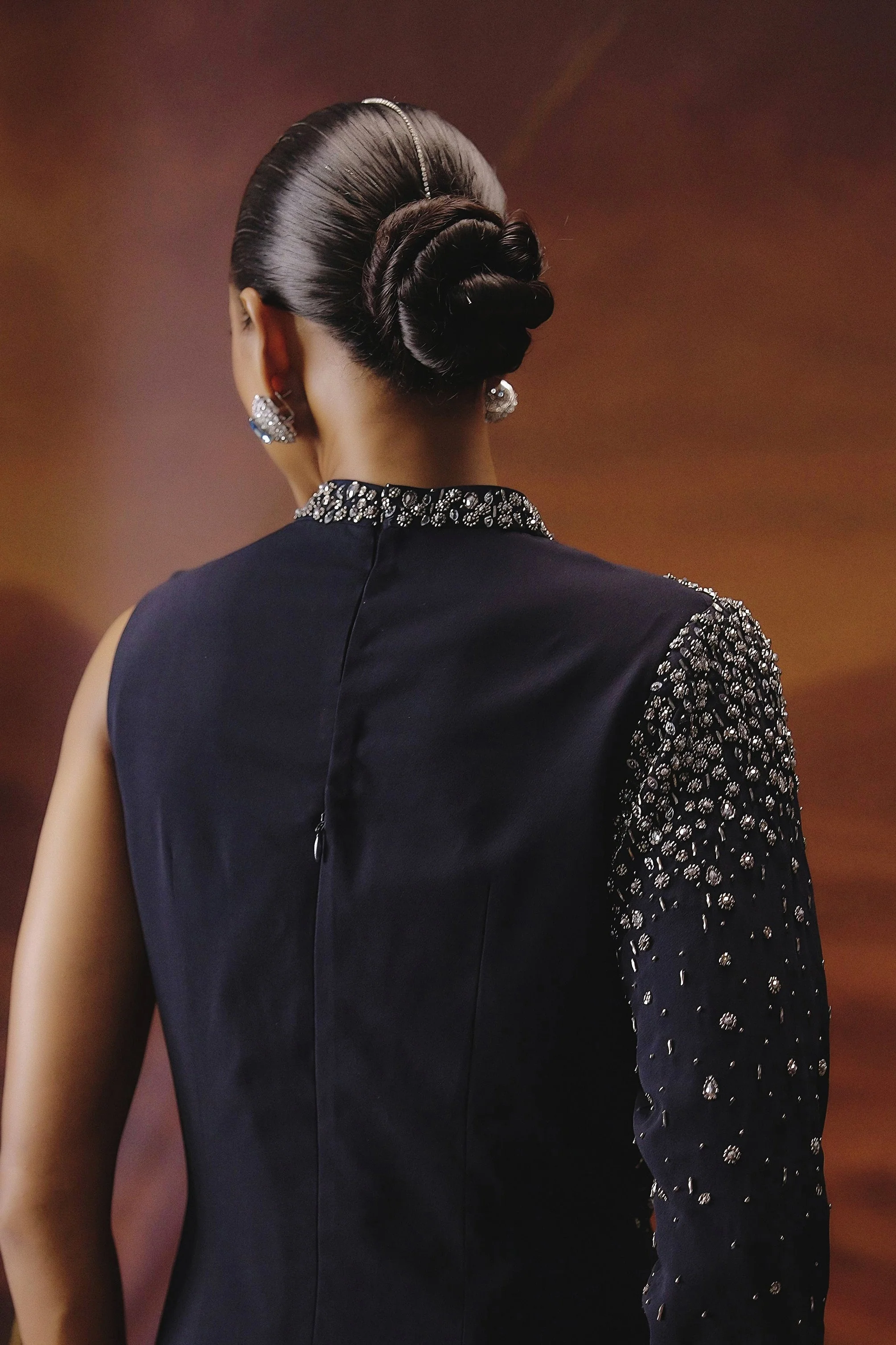 Deep Navy Blue Embellished Georgette Silk Gown - Image 7