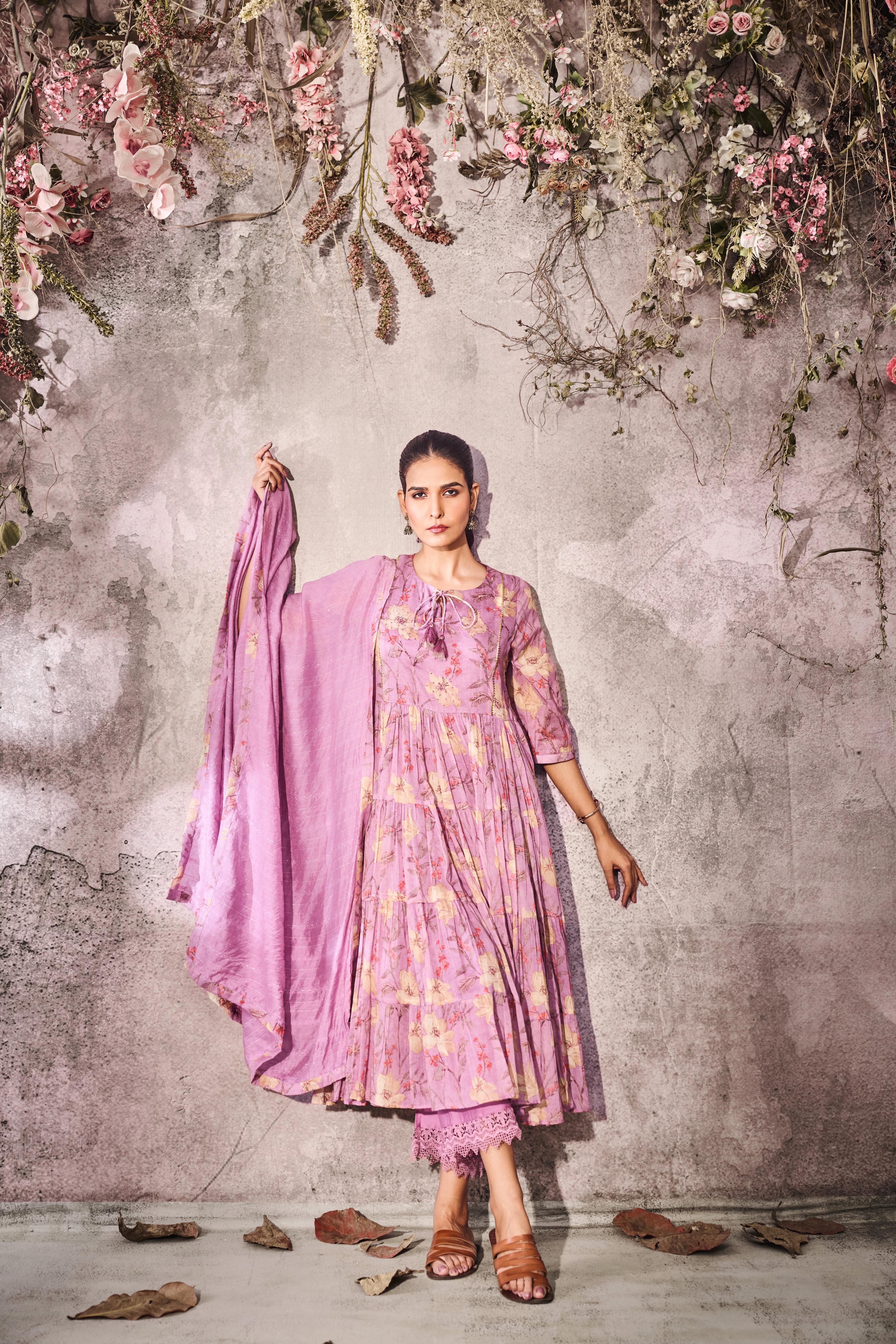 Soft Lilac Printed Cotton Mul Anarkali Set