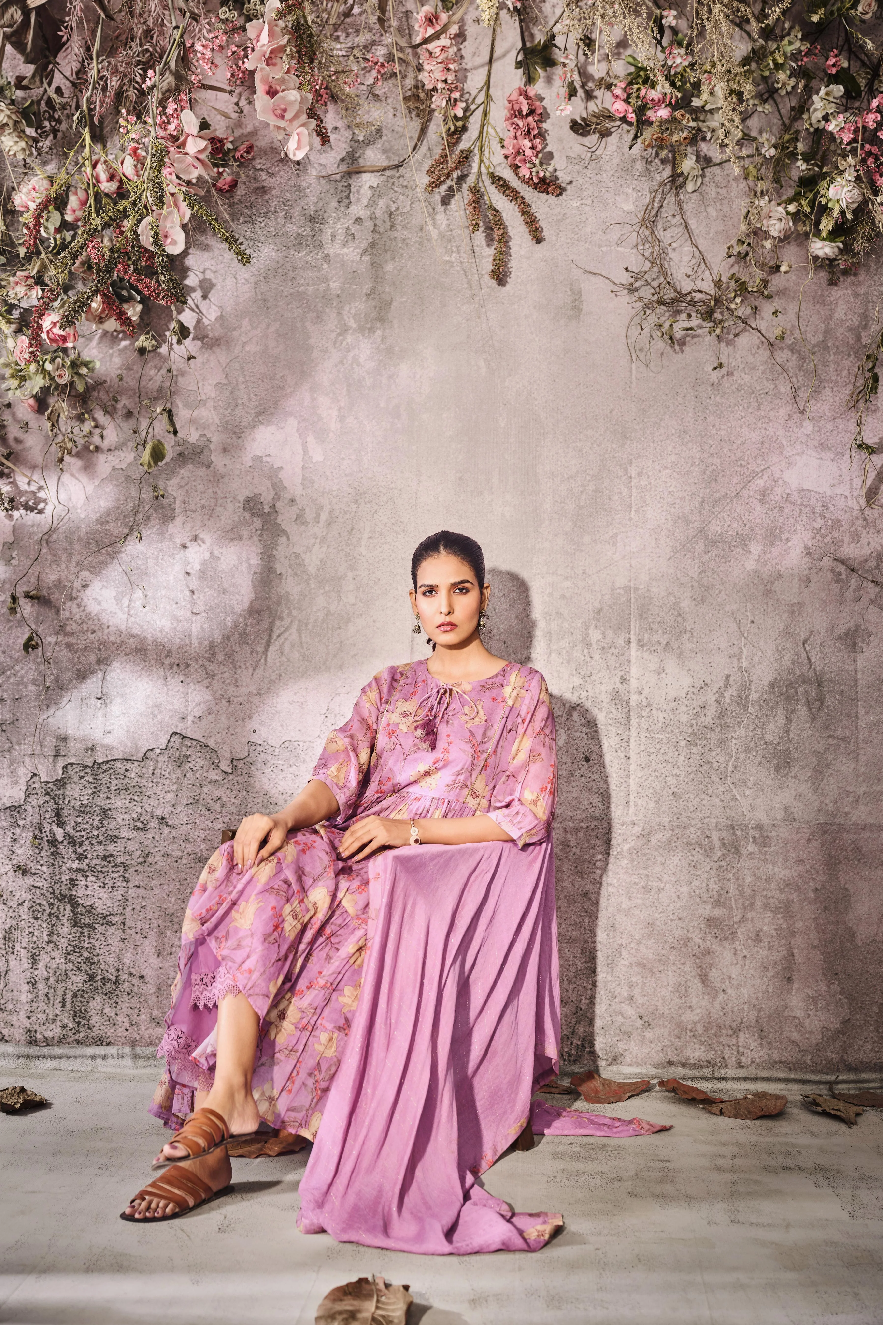 Soft Lilac Printed Cotton Mul Anarkali Set - Image 2