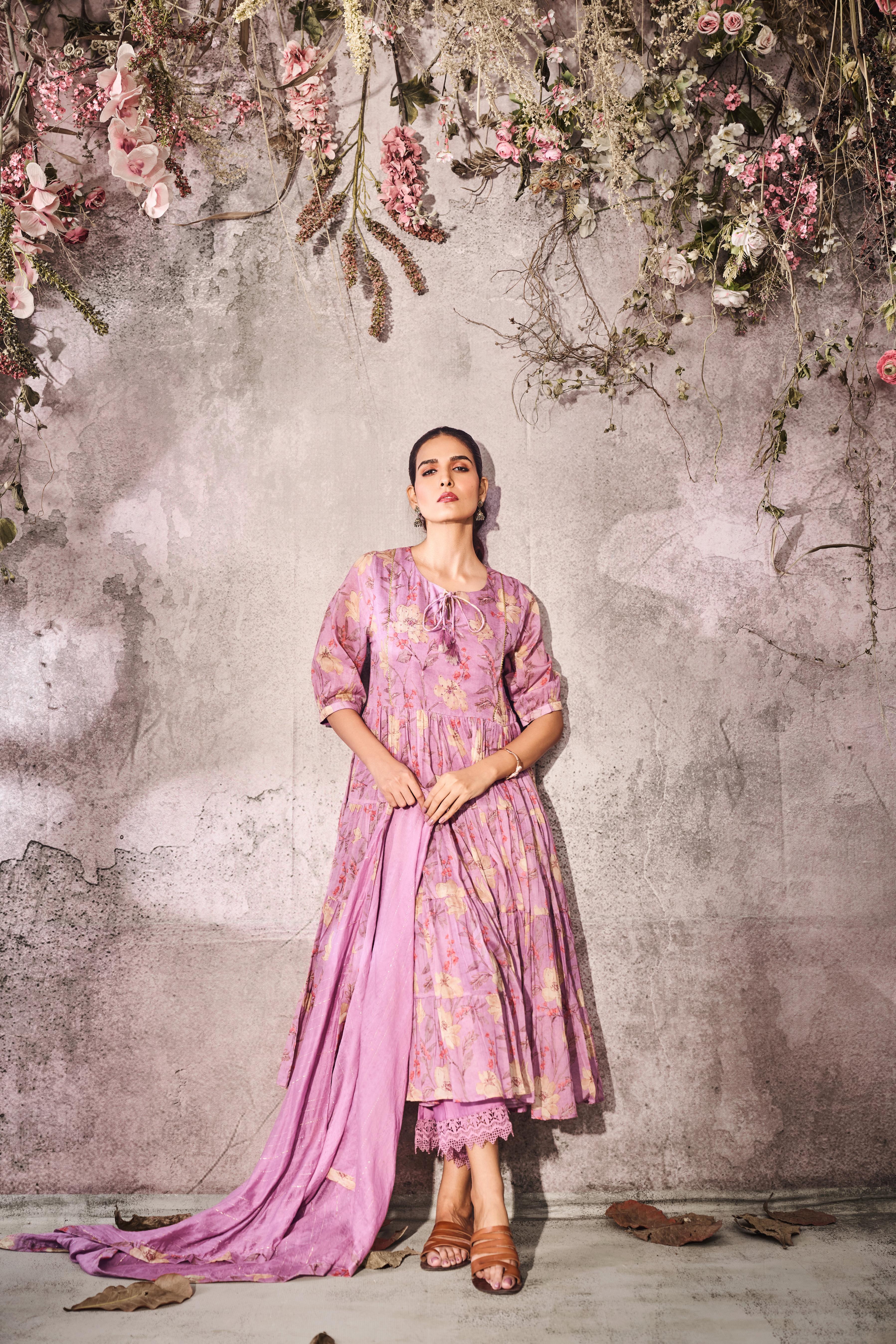 Soft Lilac Printed Cotton Mul Anarkali Set - Image 3