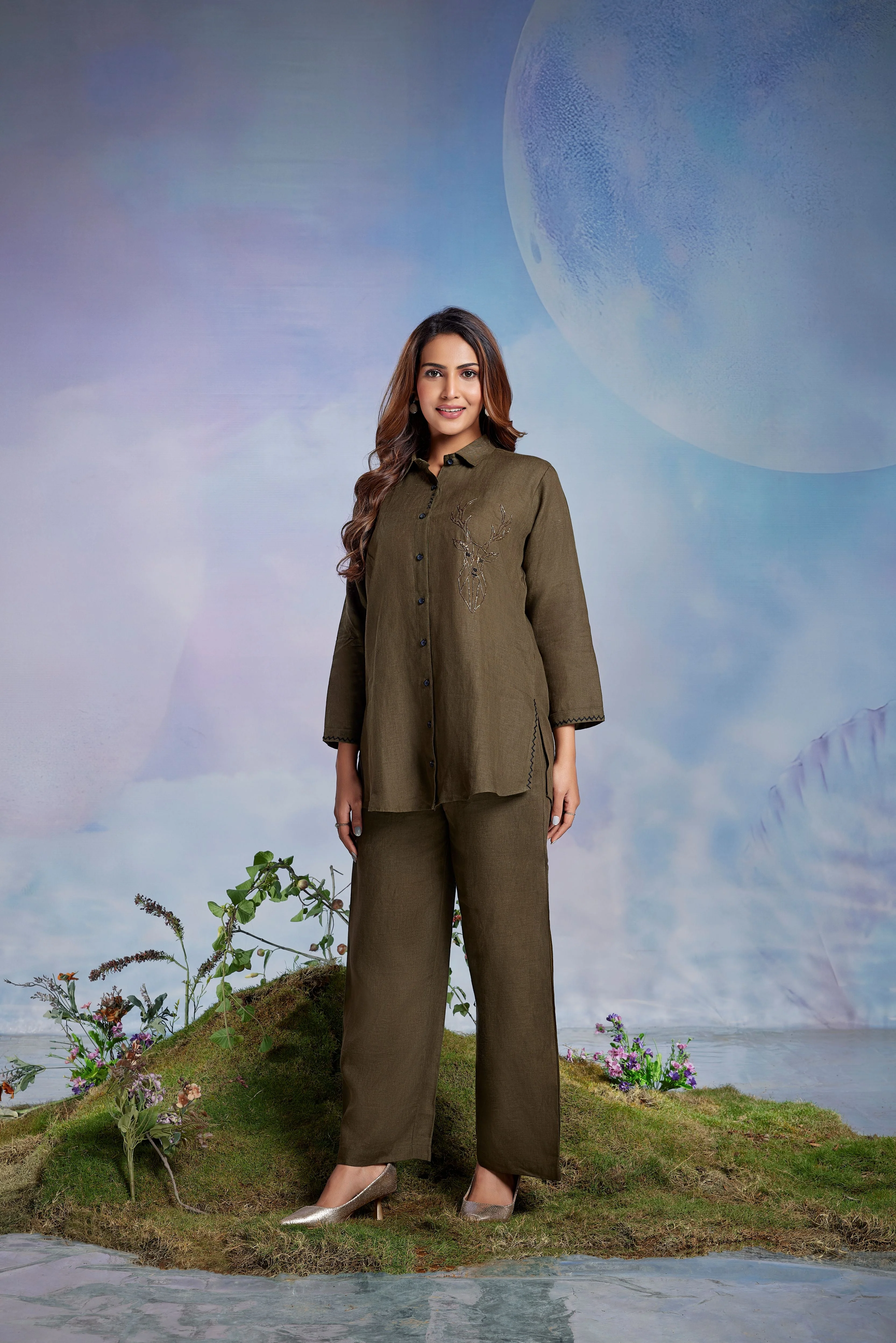 Deep Olive Embellished Linen Co-Ord Set