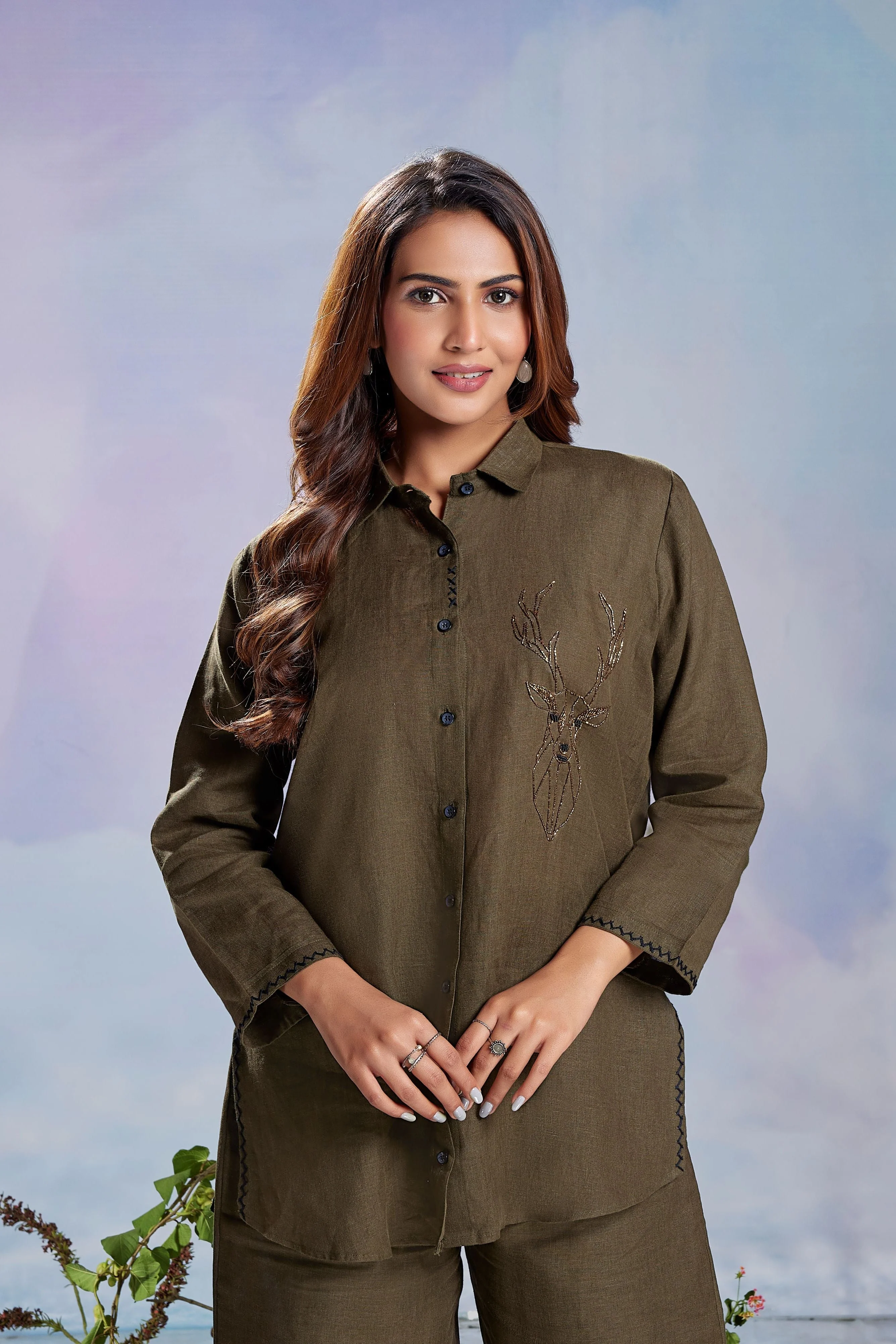 Deep Olive Embellished Linen Co-Ord Set - Image 2
