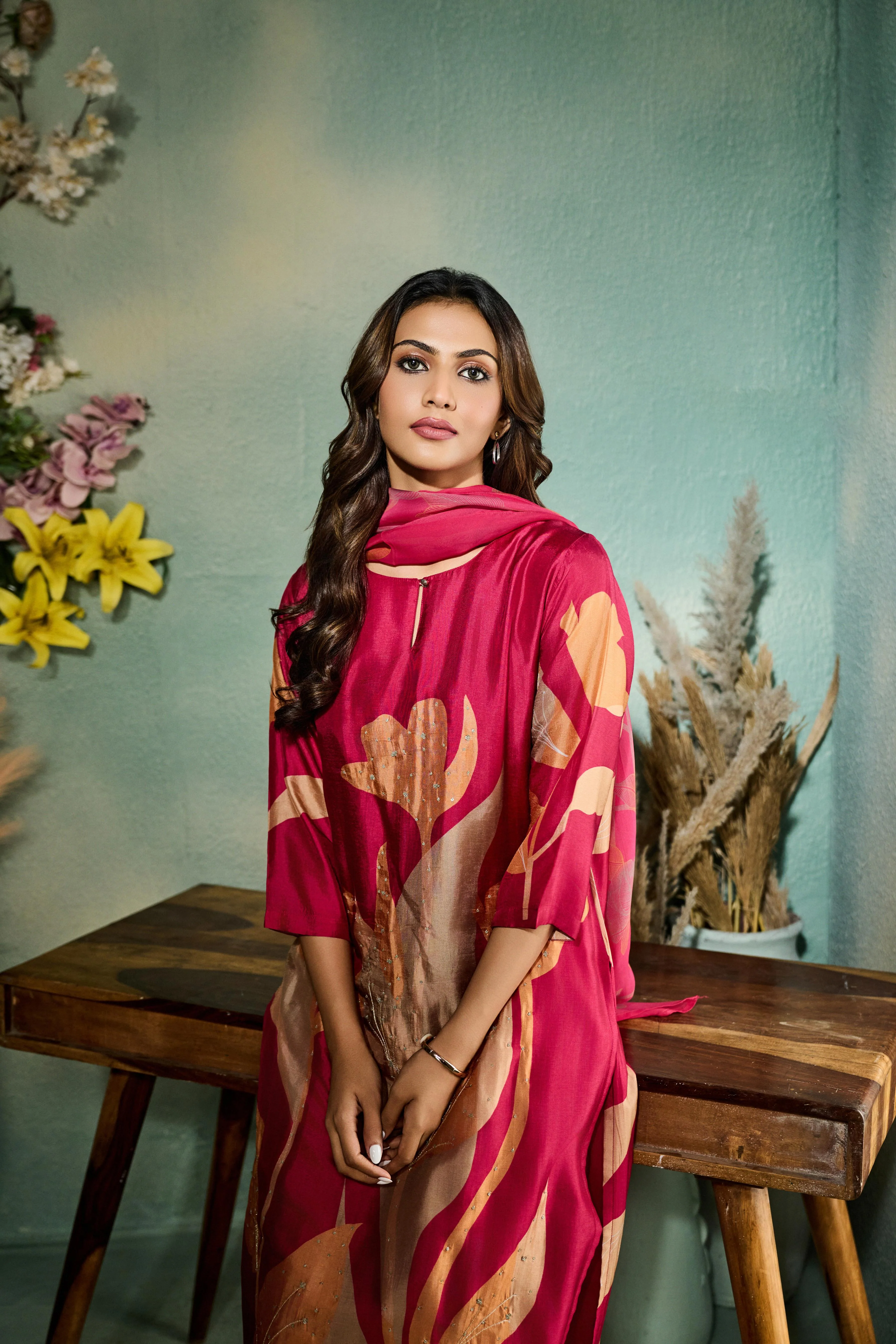 Rani Pink Printed Muslin Silk Pant Set - Image 2