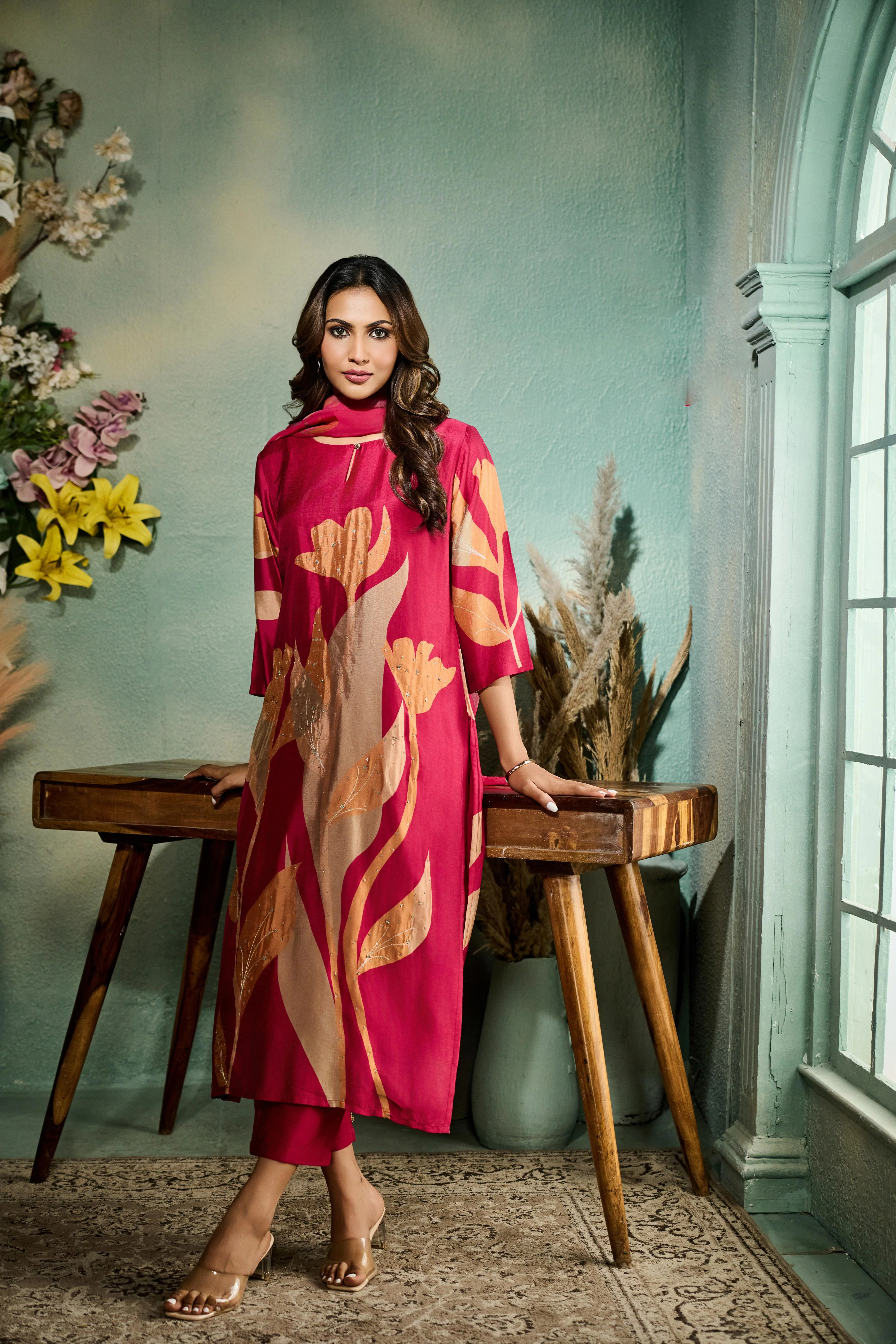 Rani Pink Printed Muslin Silk Pant Set - Image 3