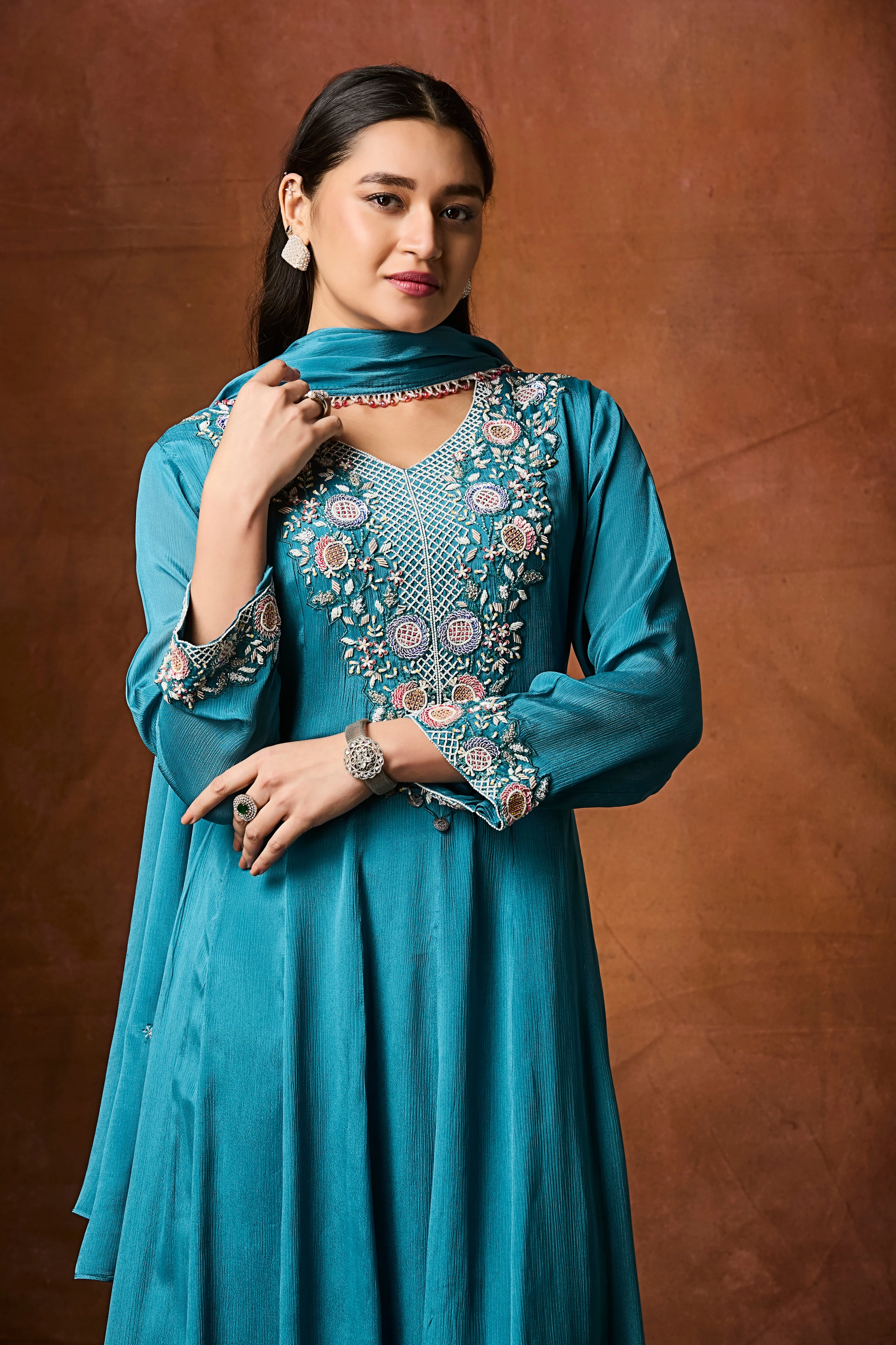 Deep Blue Embellished Chinon Silk Anarkali Set - Image 2