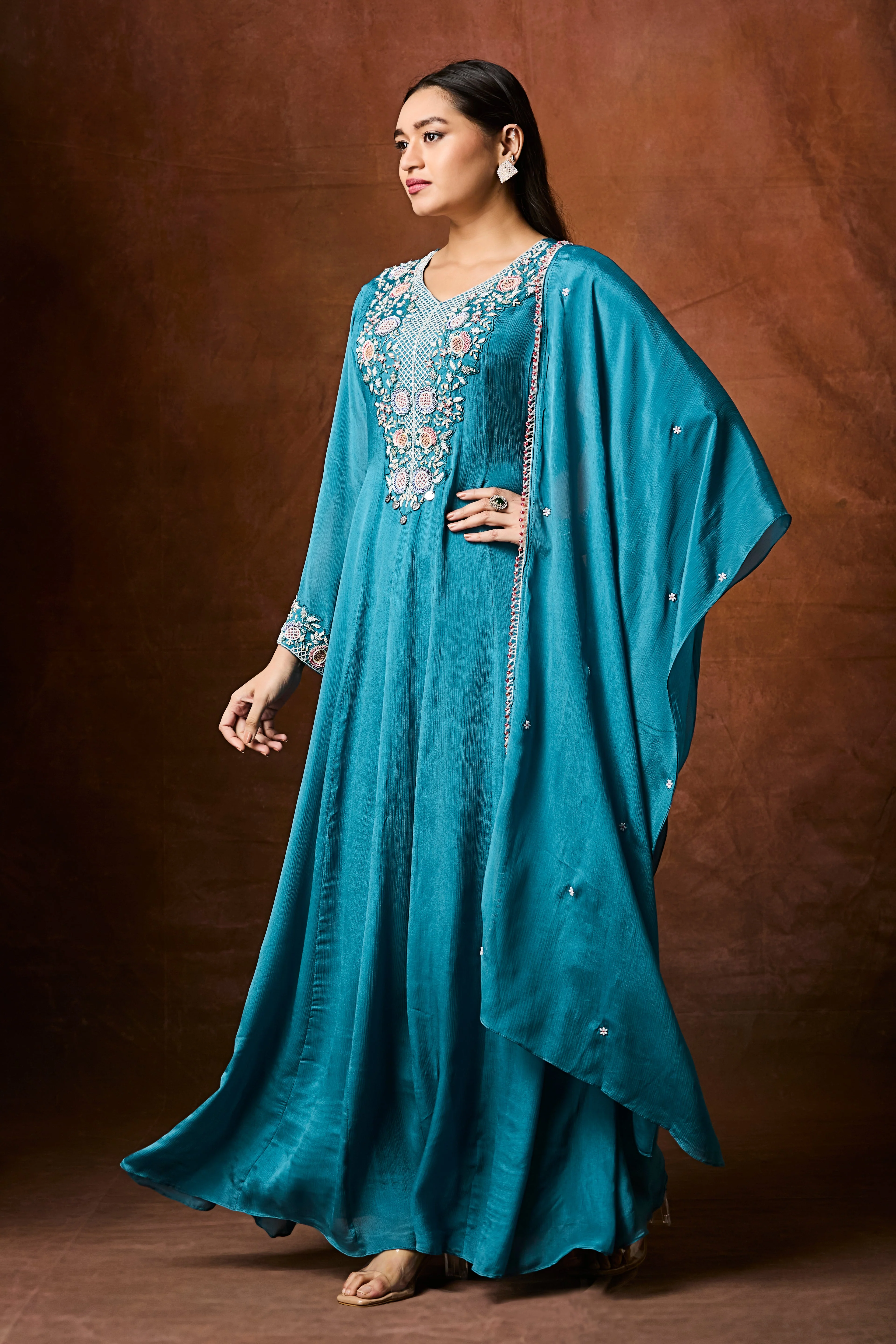 Deep Blue Embellished Chinon Silk Anarkali Set - Image 3