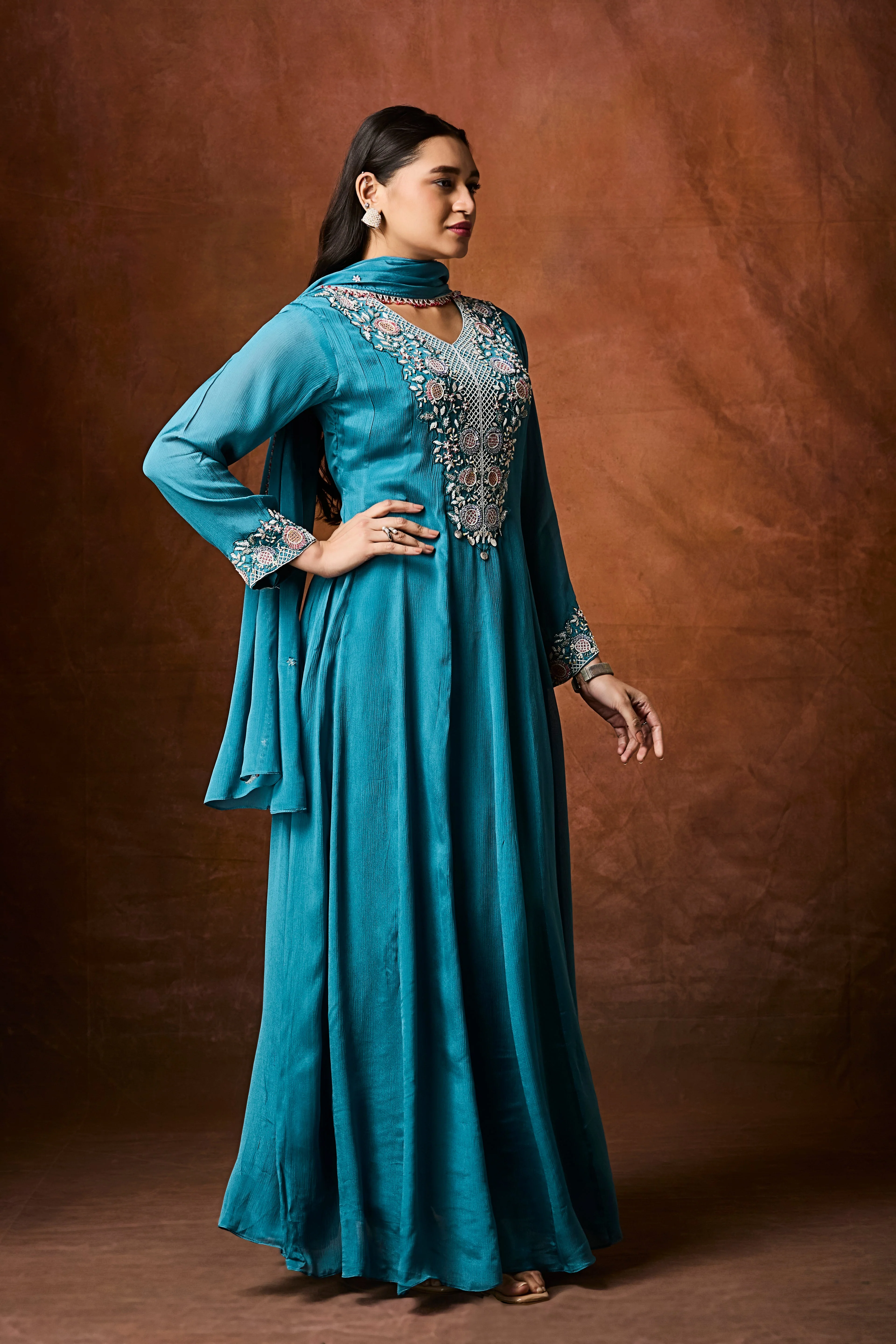 Deep Blue Embellished Chinon Silk Anarkali Set - Image 4
