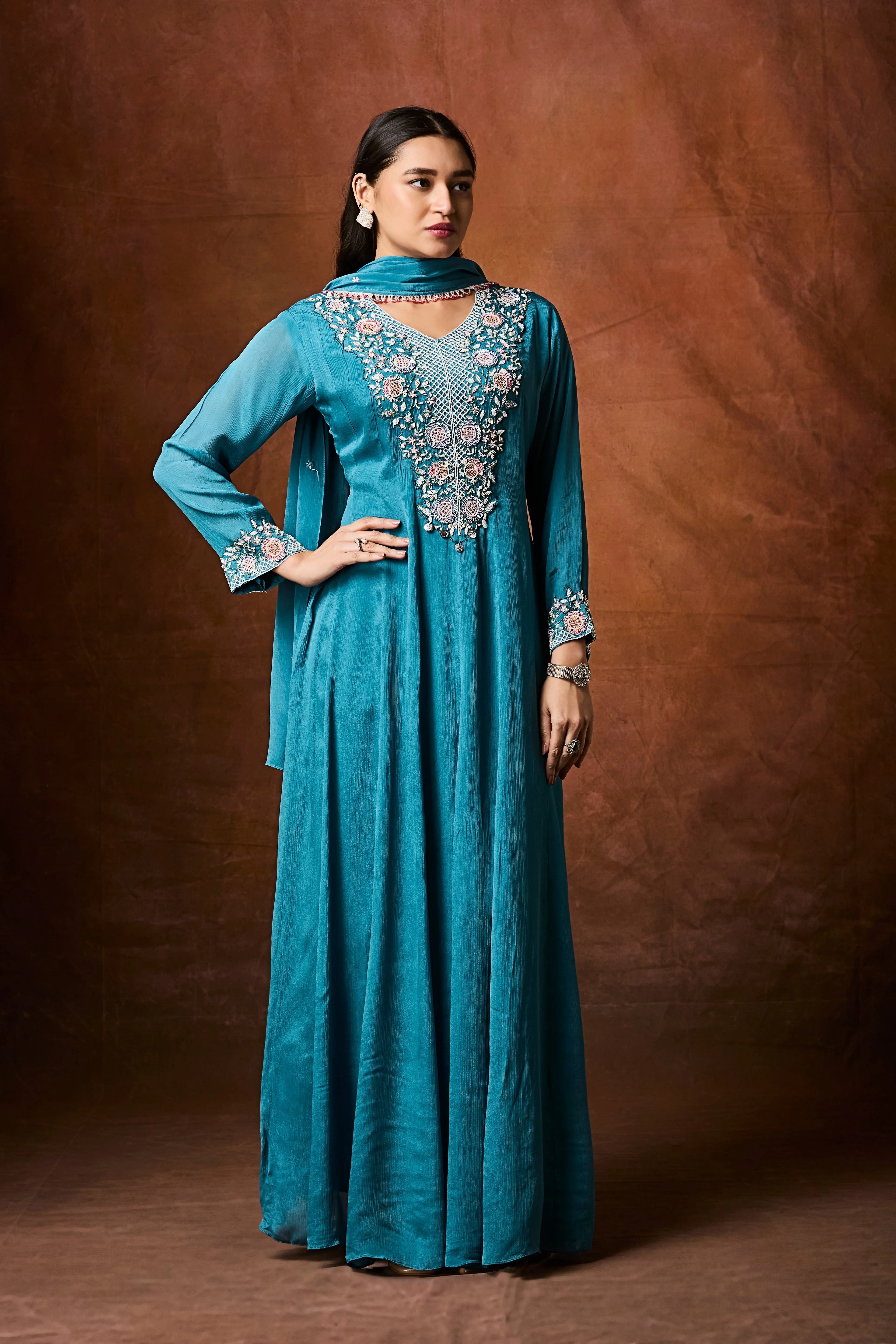 Deep Blue Embellished Chinon Silk Anarkali Set - Image 5