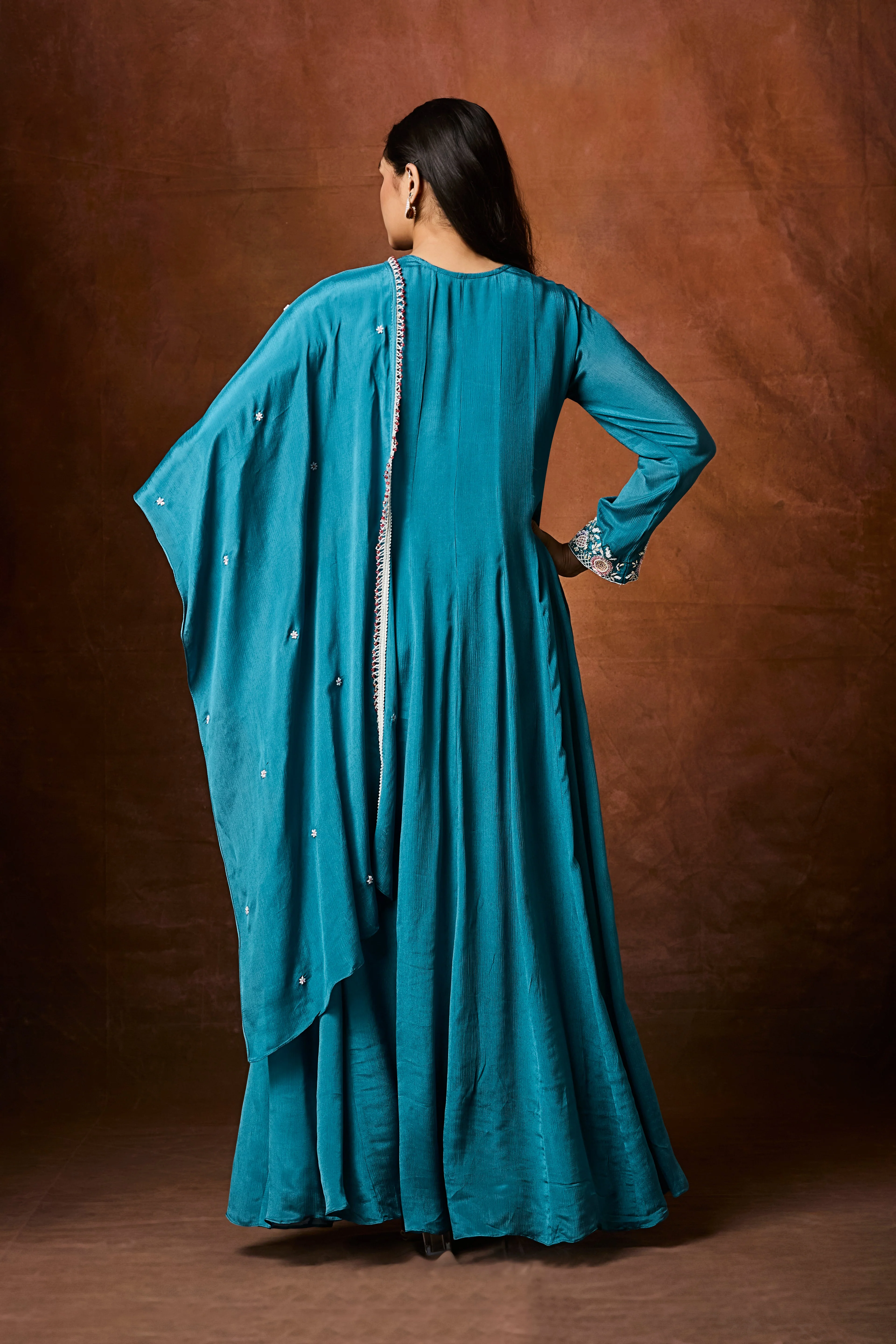Deep Blue Embellished Chinon Silk Anarkali Set - Image 6