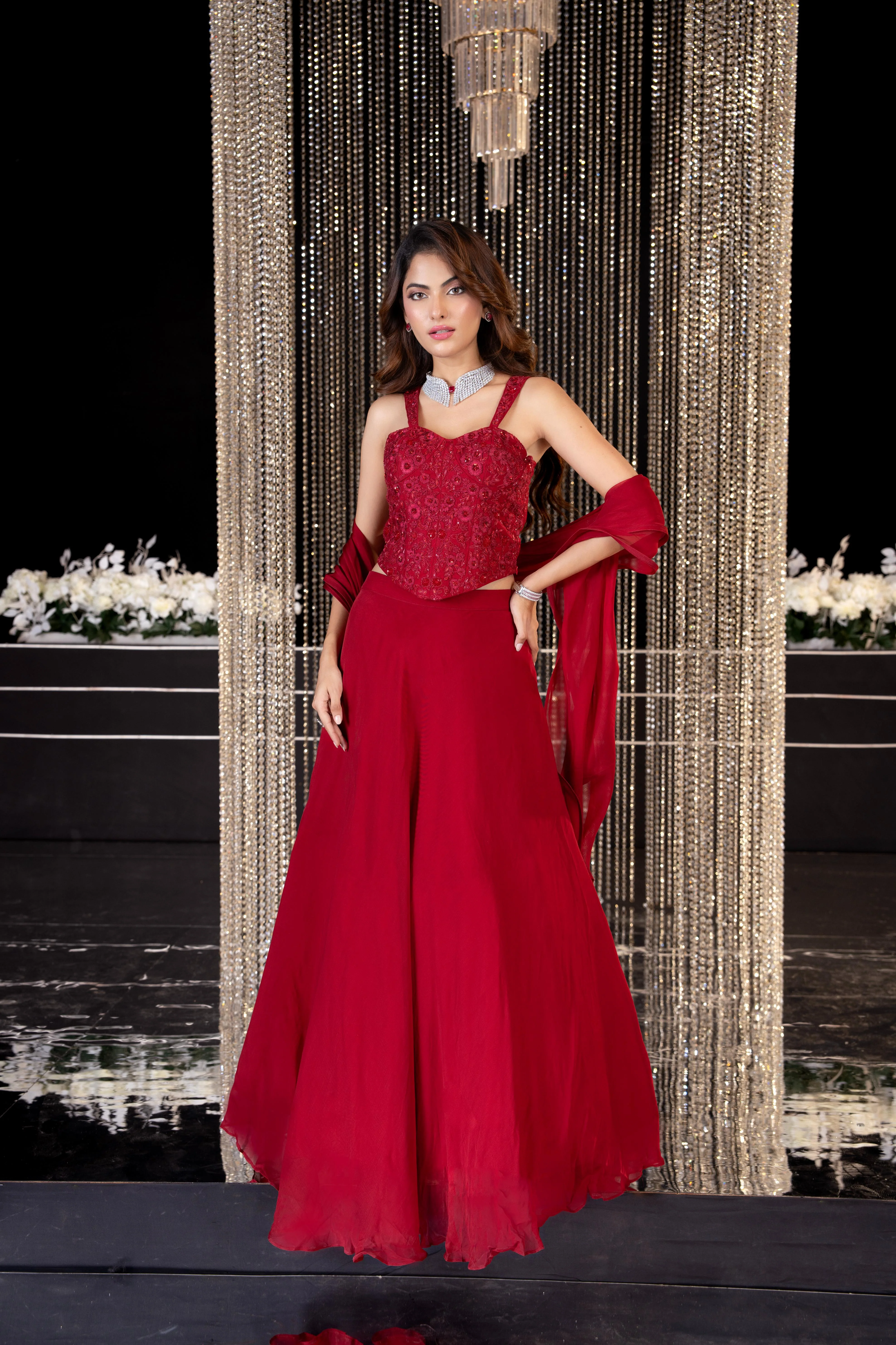 Maroon Red Embellished Soft Organza Skirt Set - Image 3