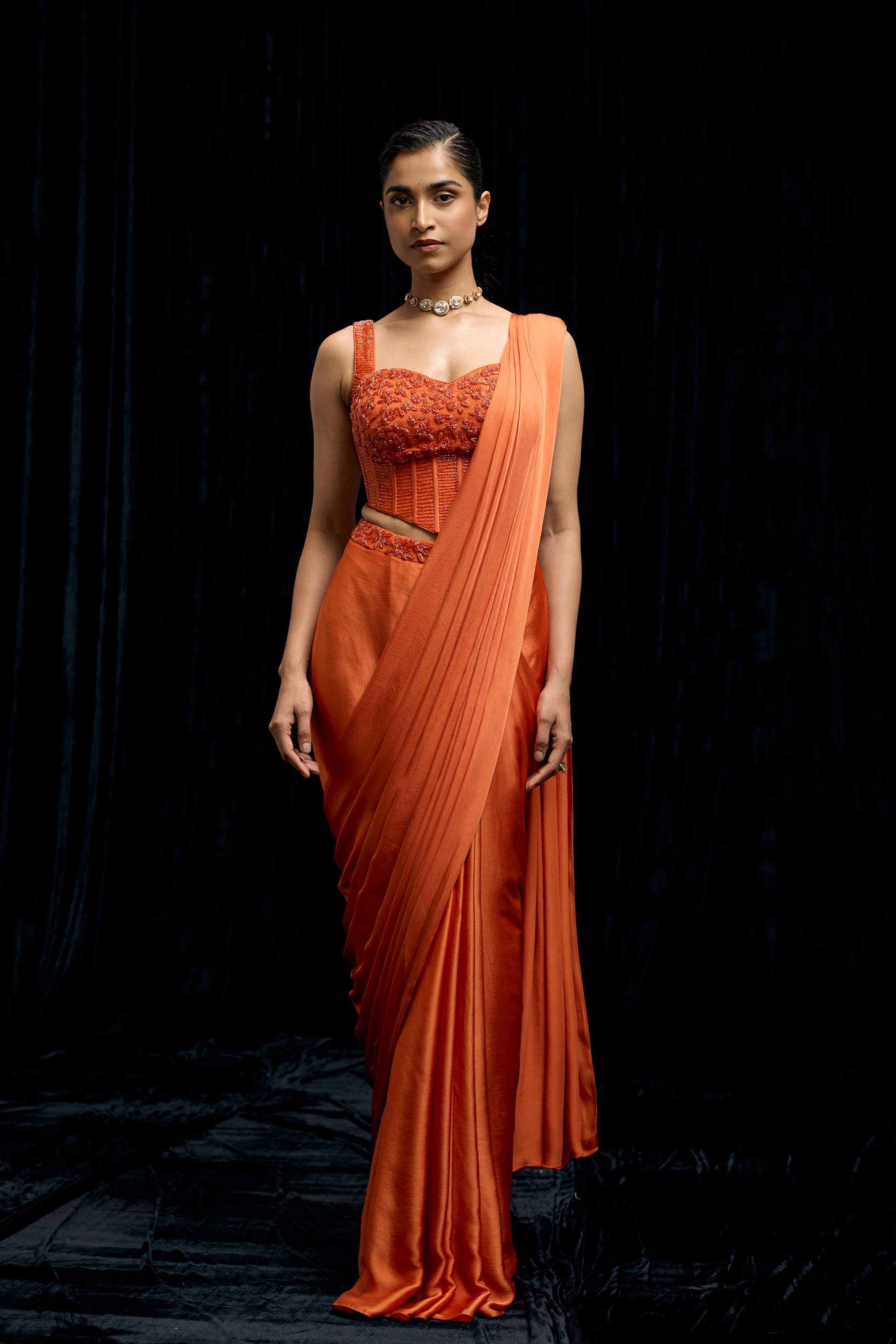 Saffron Orange Embellished Satin Silk Draped Saree - Image 5