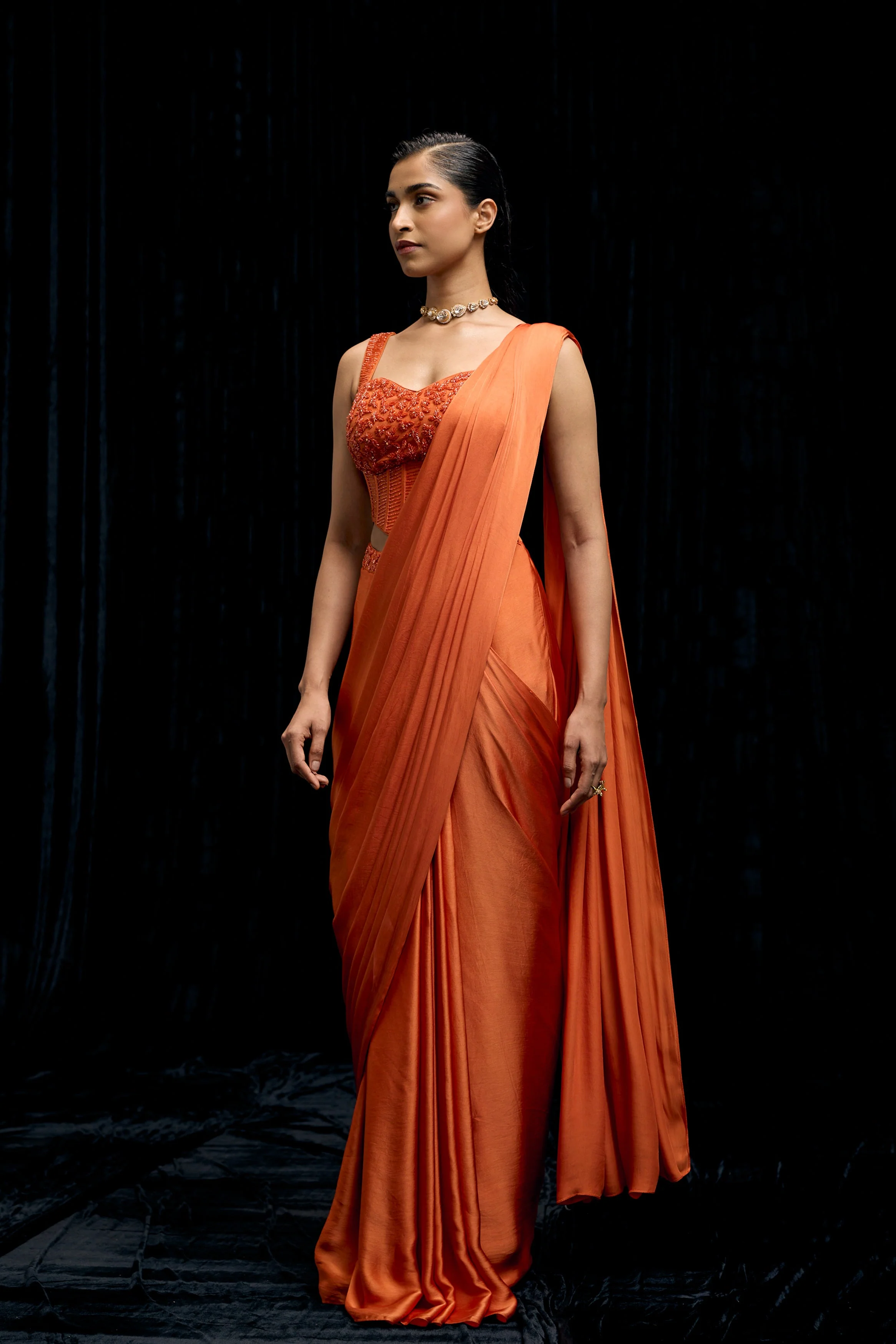 Saffron Orange Embellished Satin Silk Draped Saree - Image 6