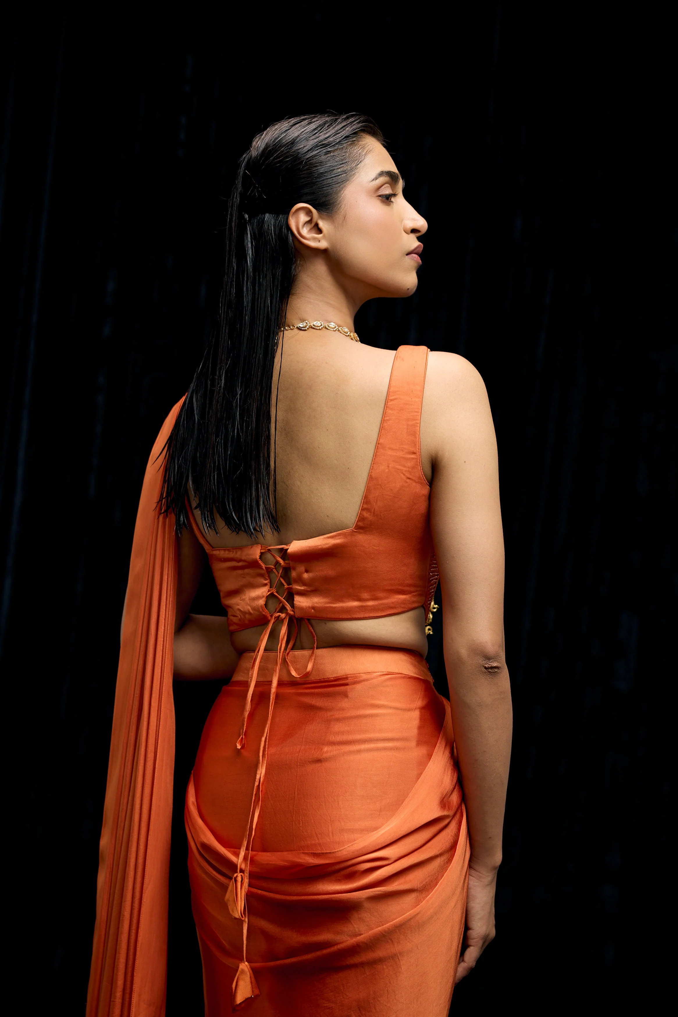 Saffron Orange Embellished Satin Silk Draped Saree - Image 7