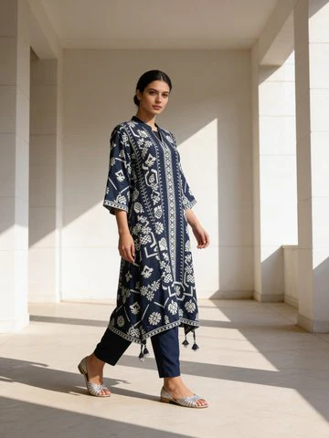 Deep Oxford Blue Printed Premium Silk Kurta Set - Image 2