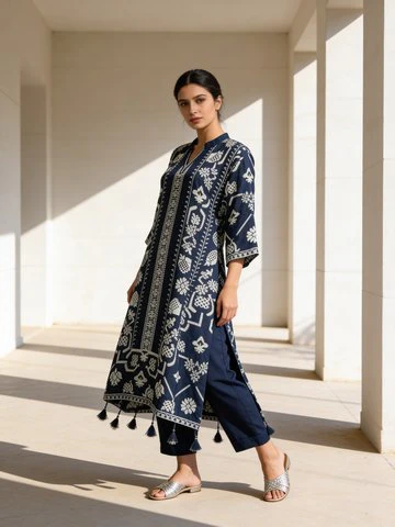 Deep Oxford Blue Printed Premium Silk Kurta Set - Image 3