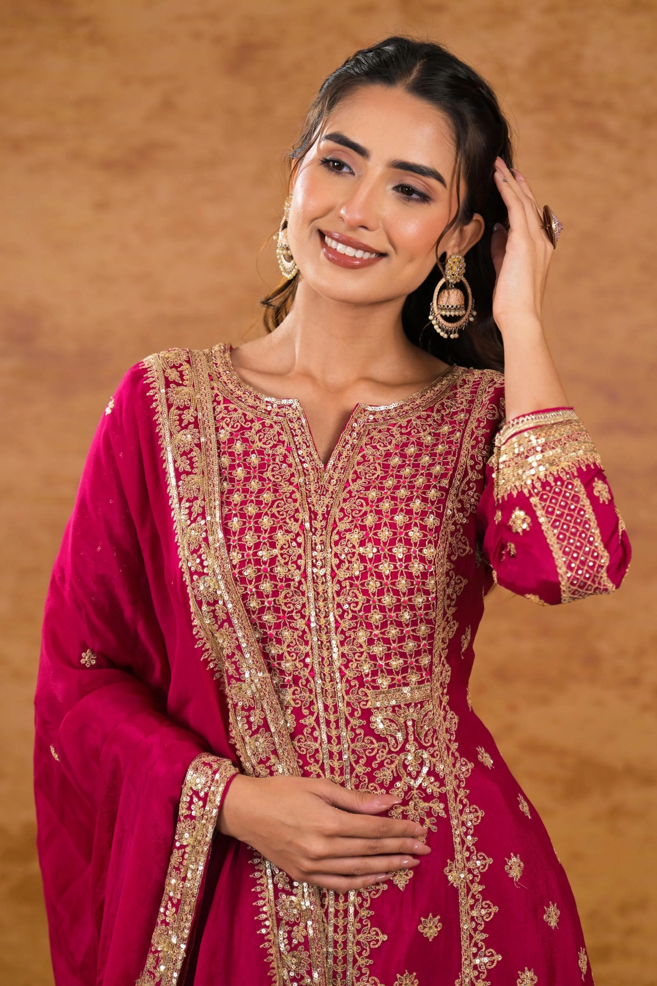 Deep Pink Embellished Chinon Silk Palazzo Set - Image 2