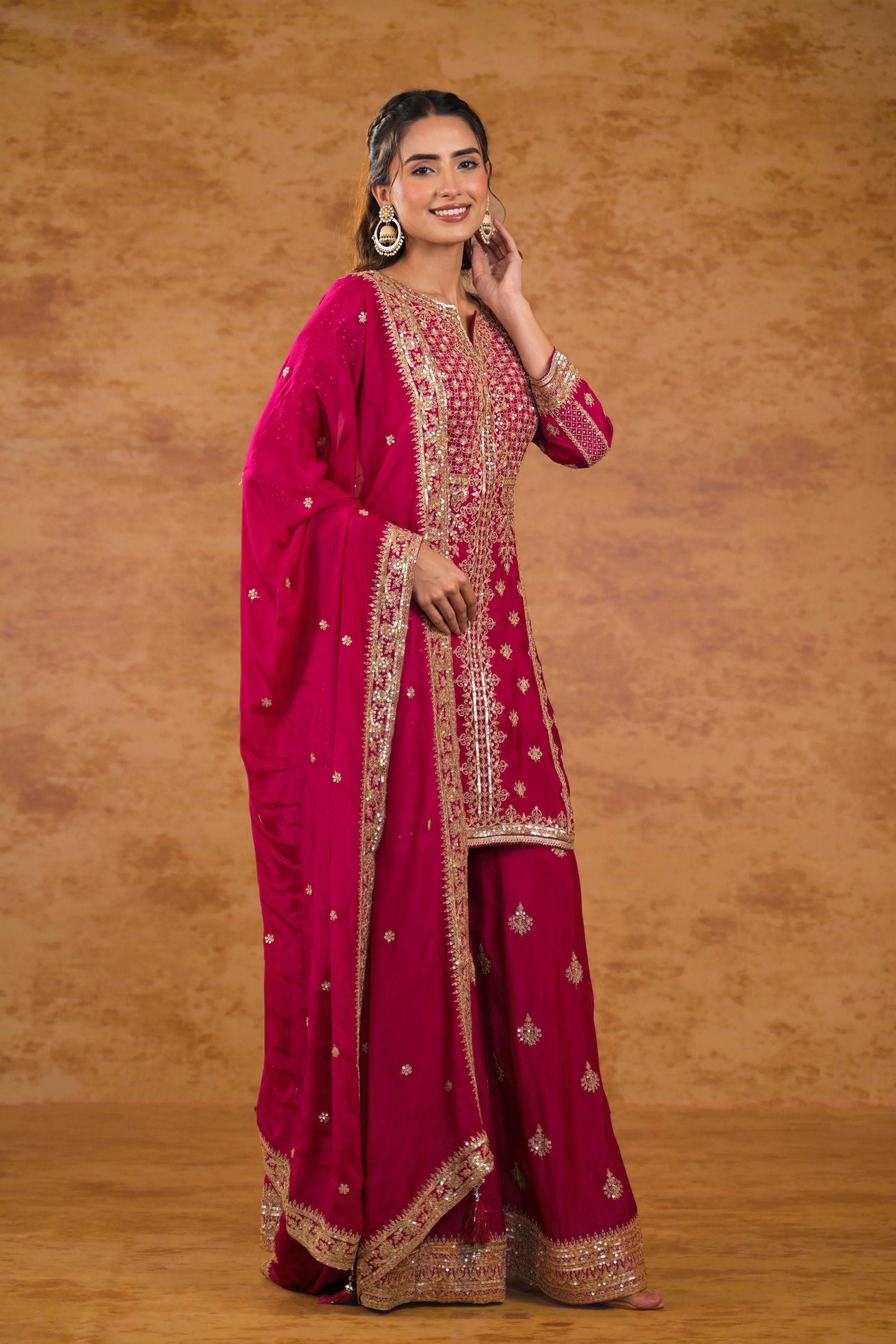 Deep Pink Embellished Chinon Silk Palazzo Set - Image 3