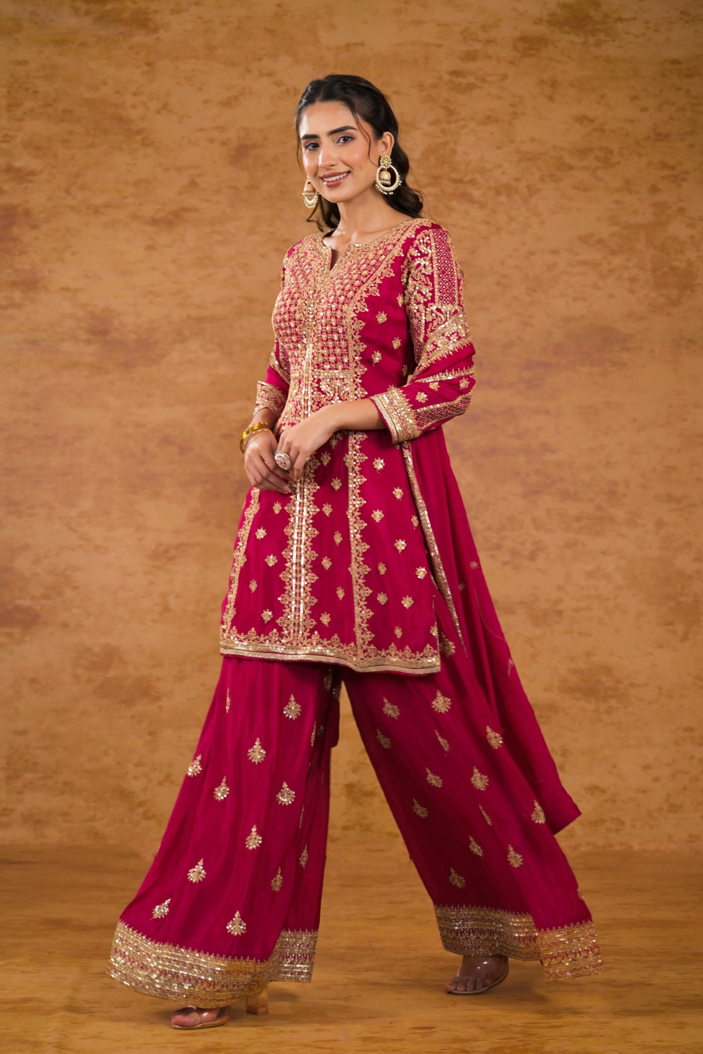 Deep Pink Embellished Chinon Silk Palazzo Set - Image 4
