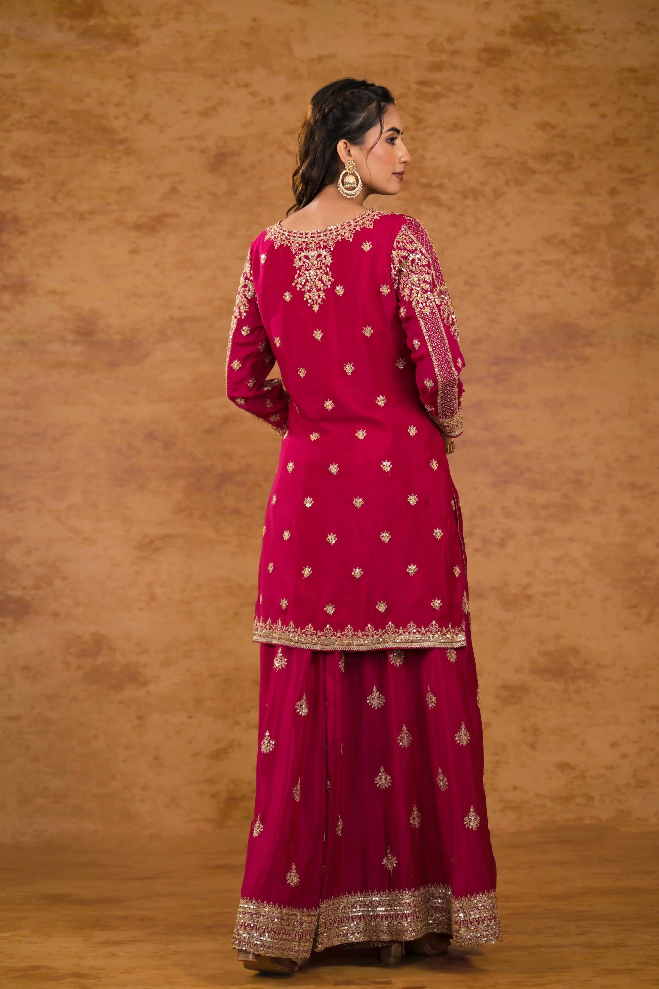 Deep Pink Embellished Chinon Silk Palazzo Set - Image 5