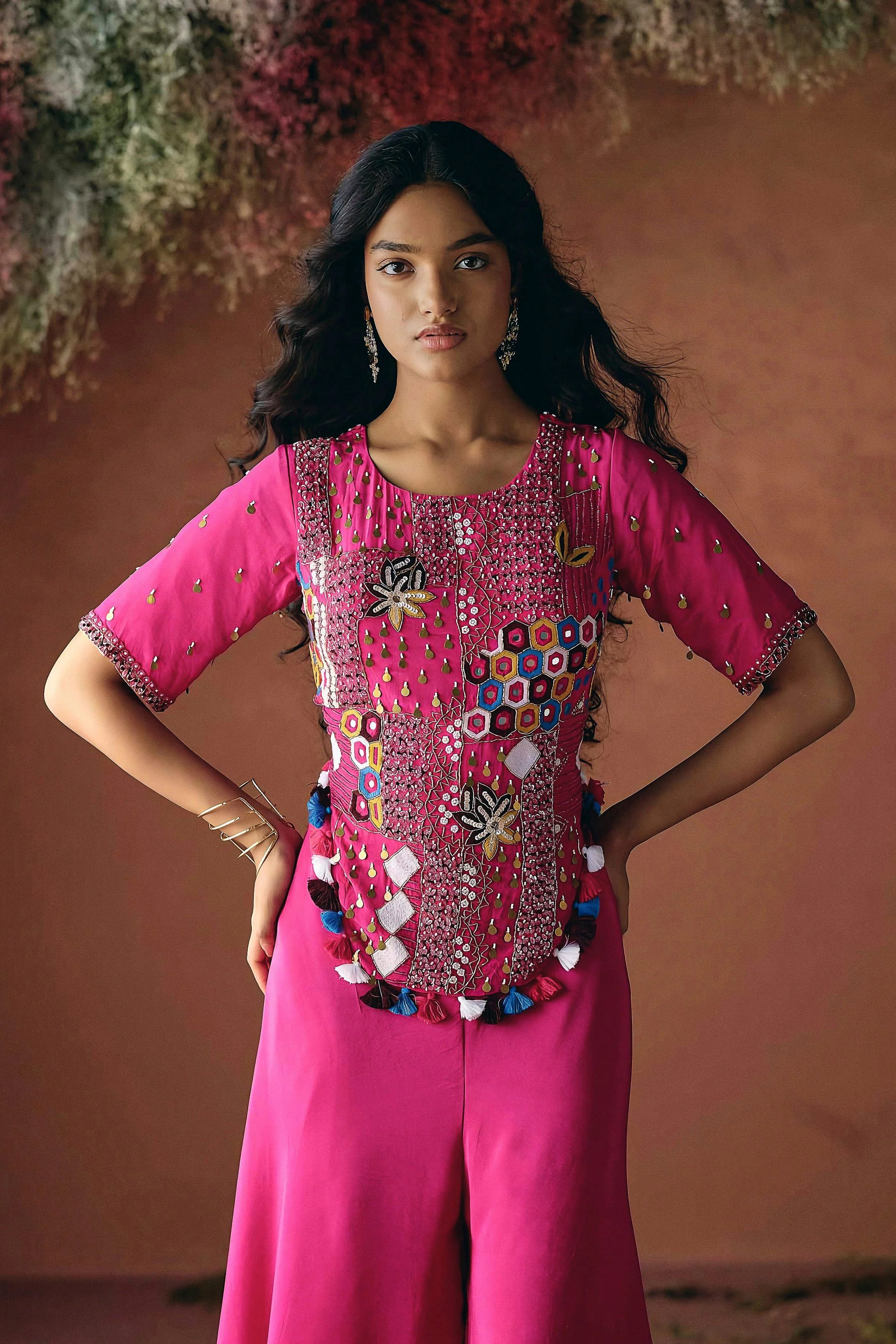 Deep Pink Embellished Premium Silk Palazzo Set - Image 3