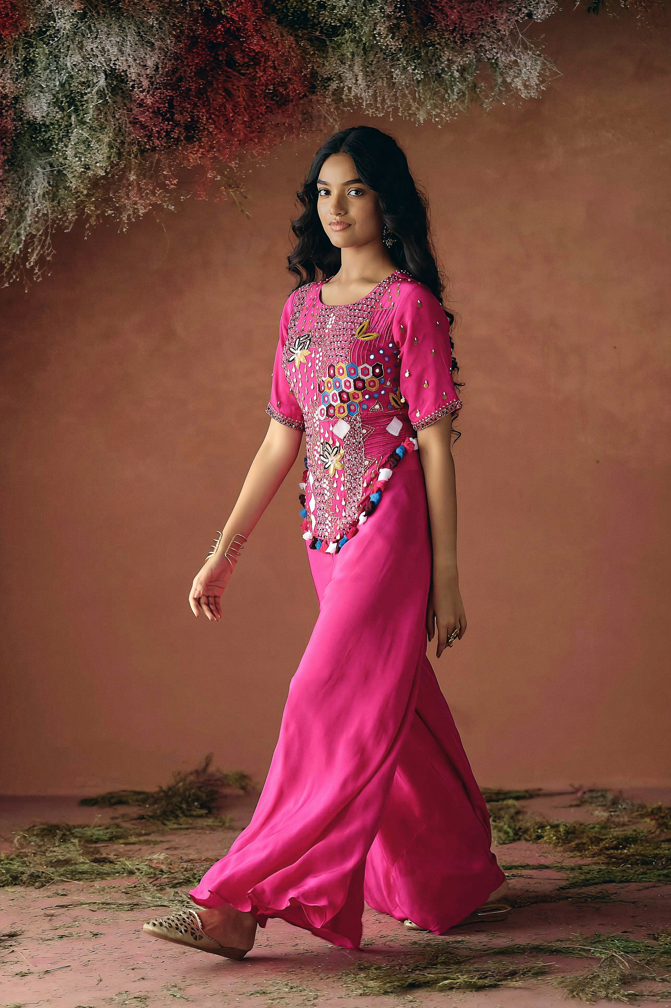 Deep Pink Embellished Premium Silk Palazzo Set - Image 4