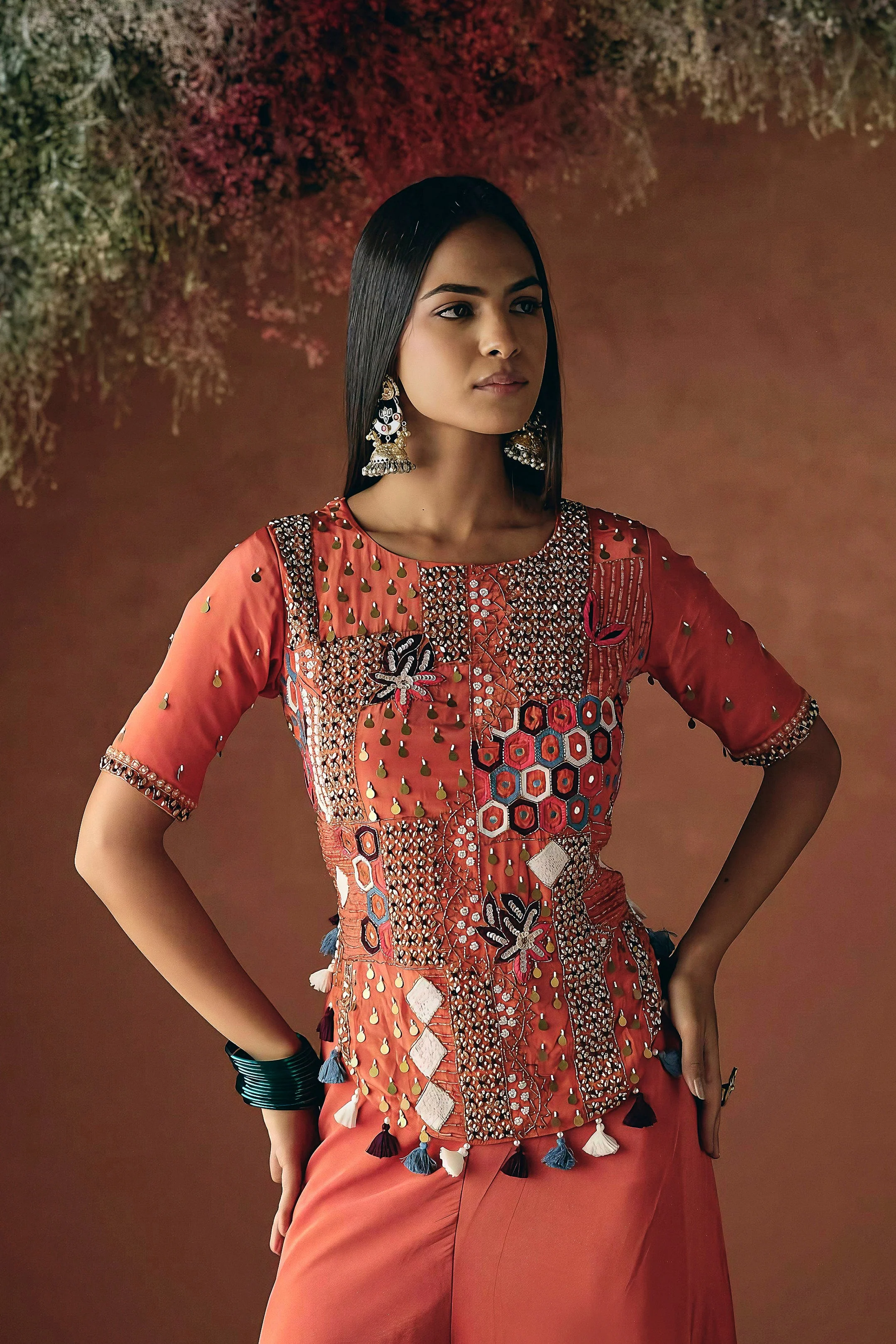 Spiced Orange Embellished Premium Silk Palazzo Set - Image 3