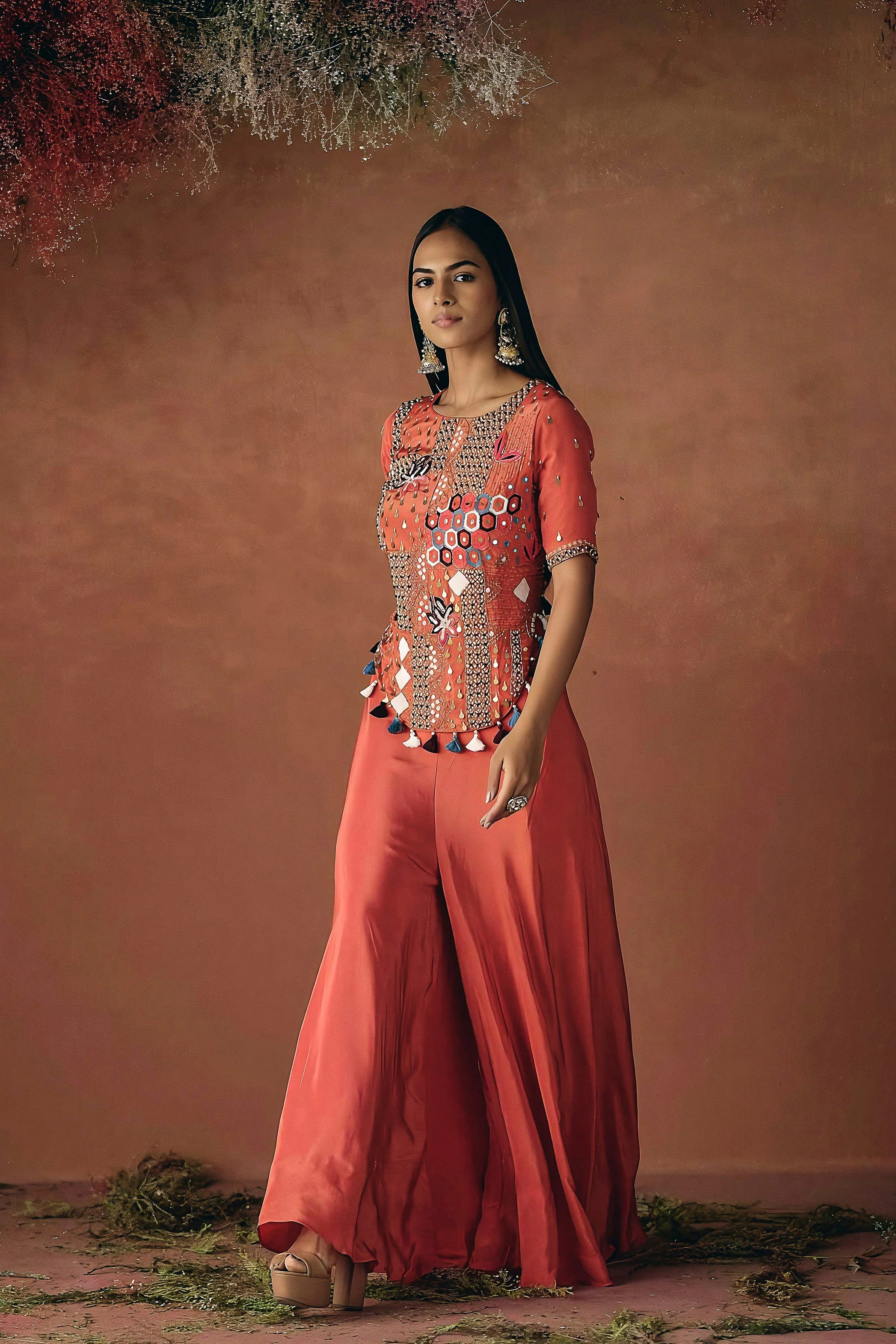 Spiced Orange Embellished Premium Silk Palazzo Set - Image 5