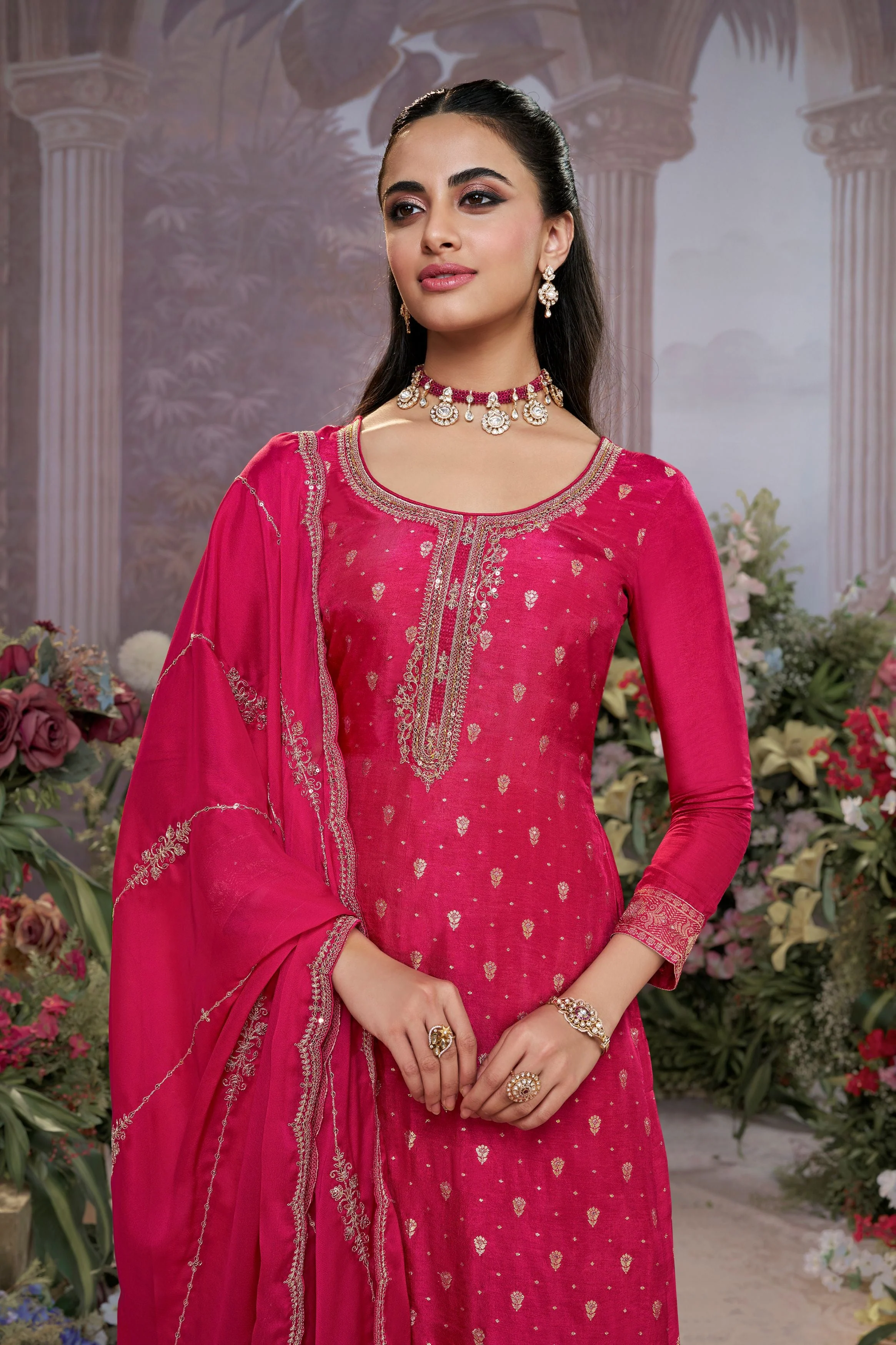 Deep Pink Embellished Premium Silk Pant Set - Image 4