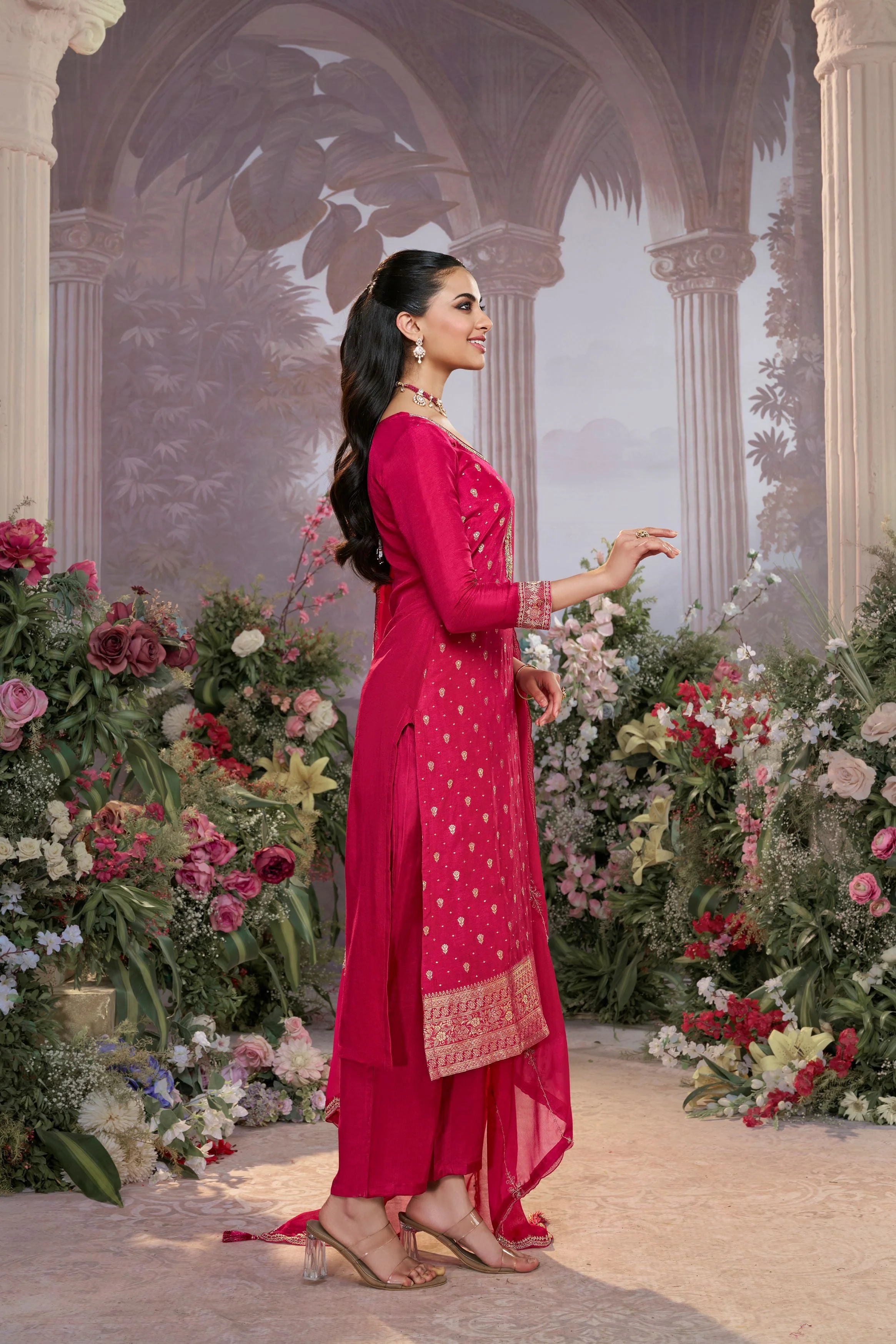 Deep Pink Embellished Premium Silk Pant Set - Image 5
