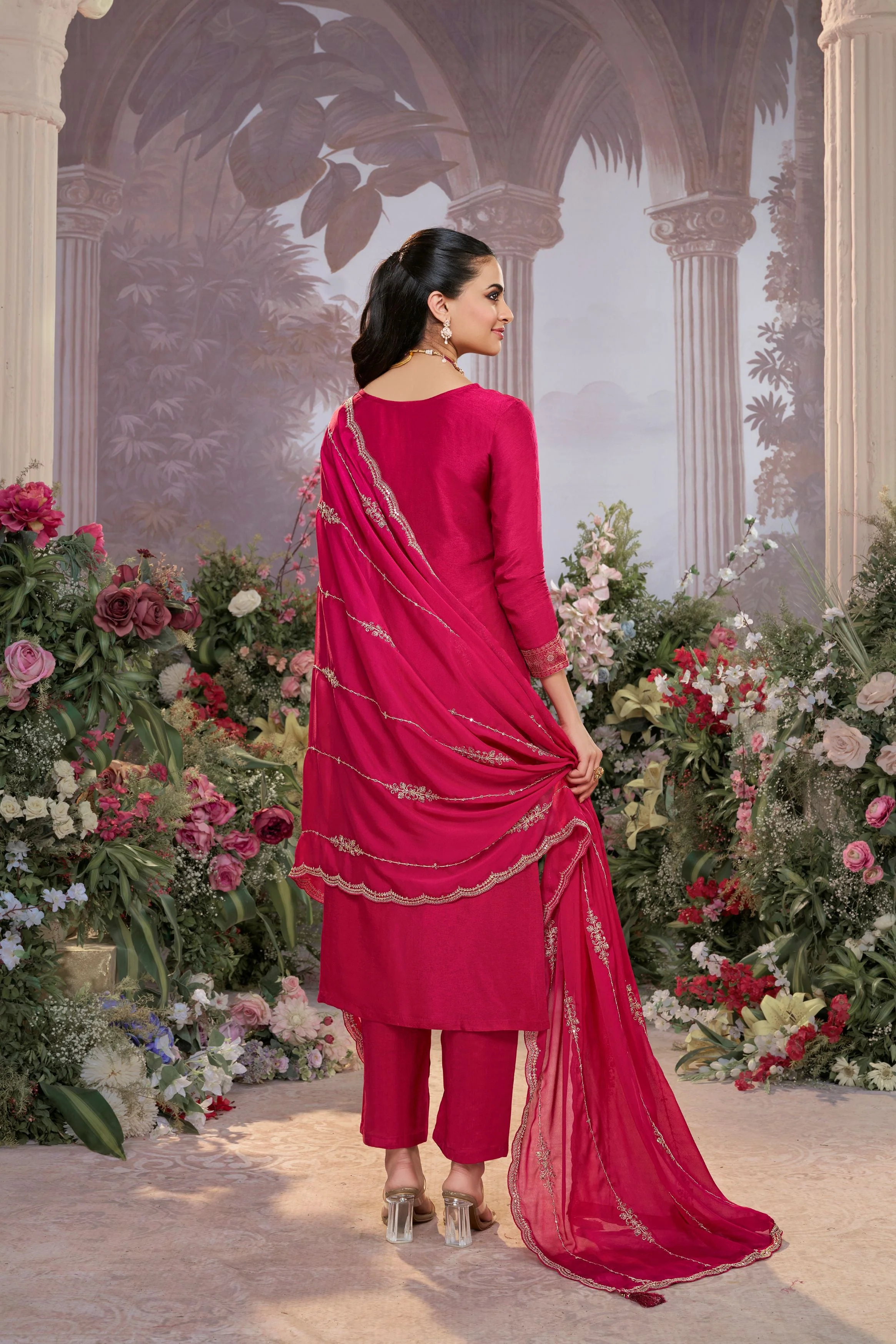 Deep Pink Embellished Premium Silk Pant Set - Image 6