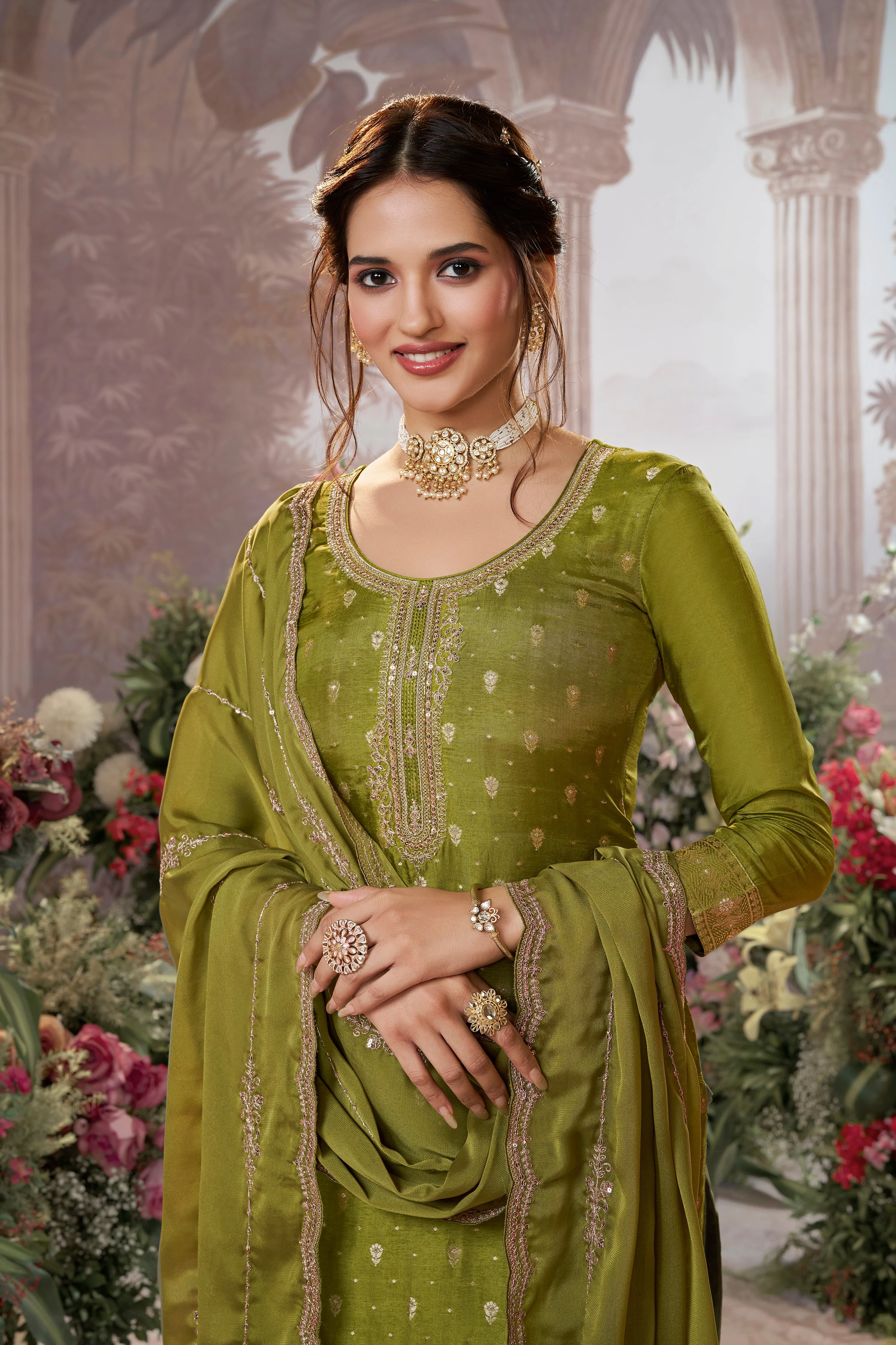 Olive Green Embellished Premium Silk Pant Set - Image 2