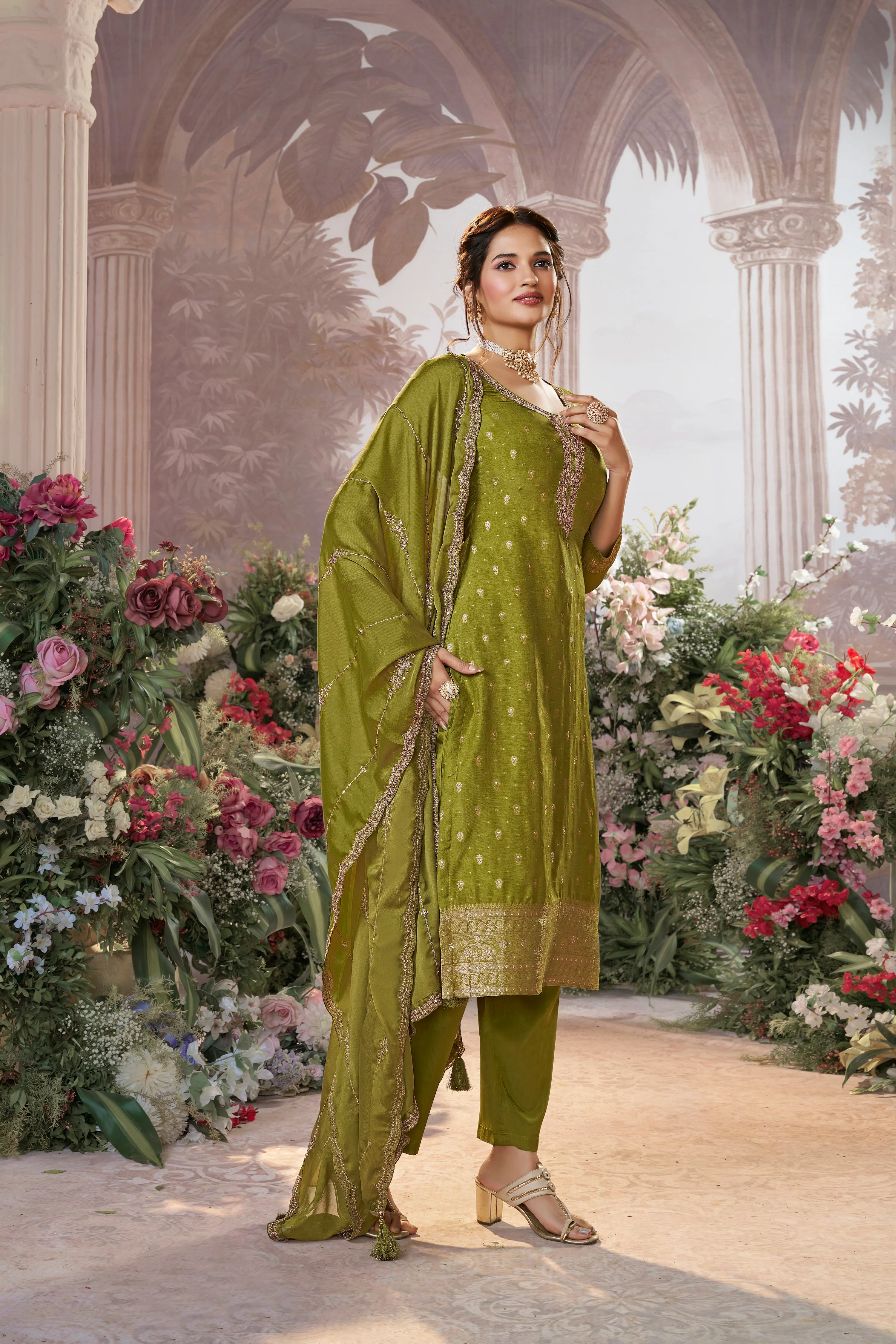 Olive Green Embellished Premium Silk Pant Set - Image 3