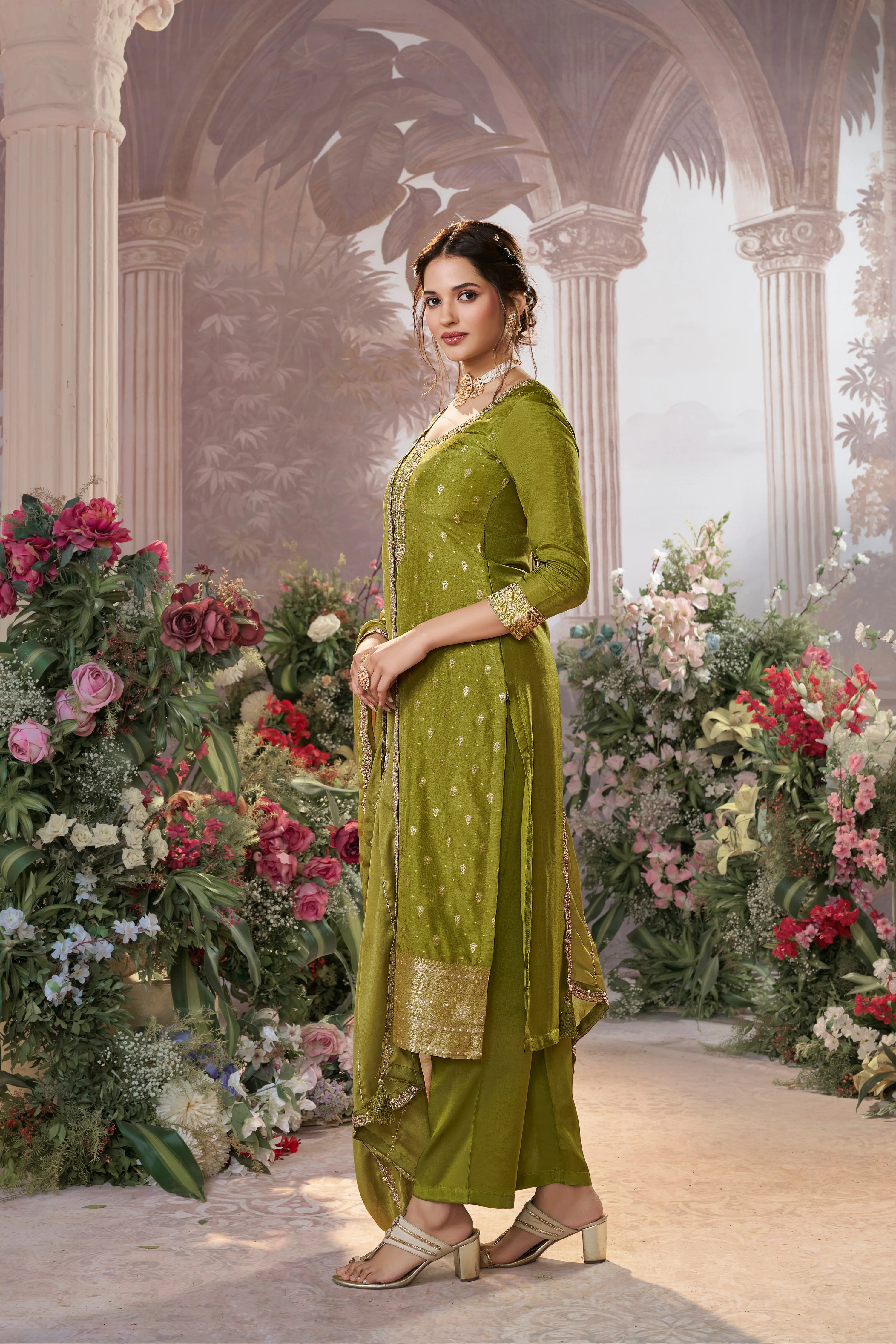 Olive Green Embellished Premium Silk Pant Set - Image 4