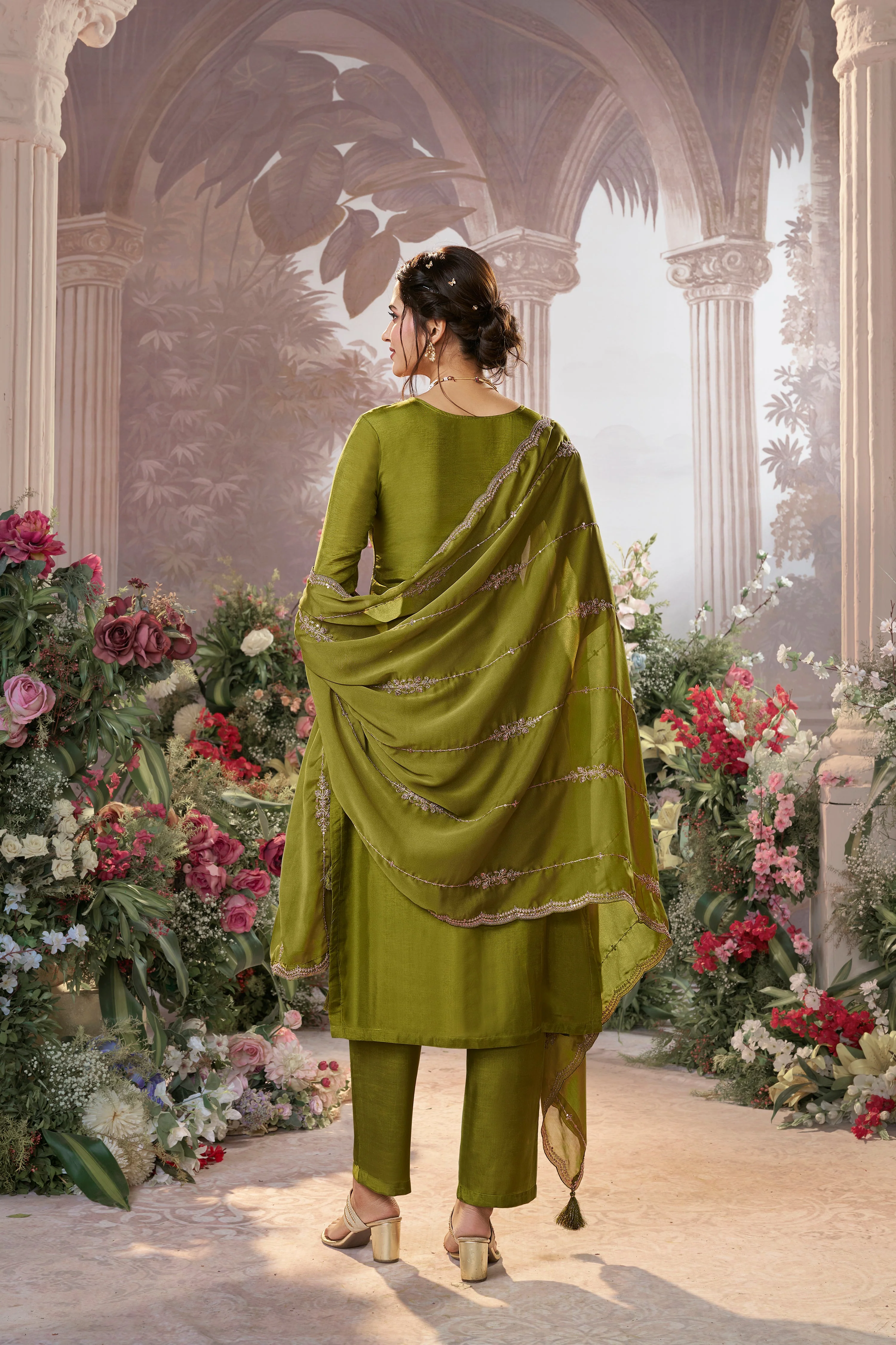 Olive Green Embellished Premium Silk Pant Set - Image 5