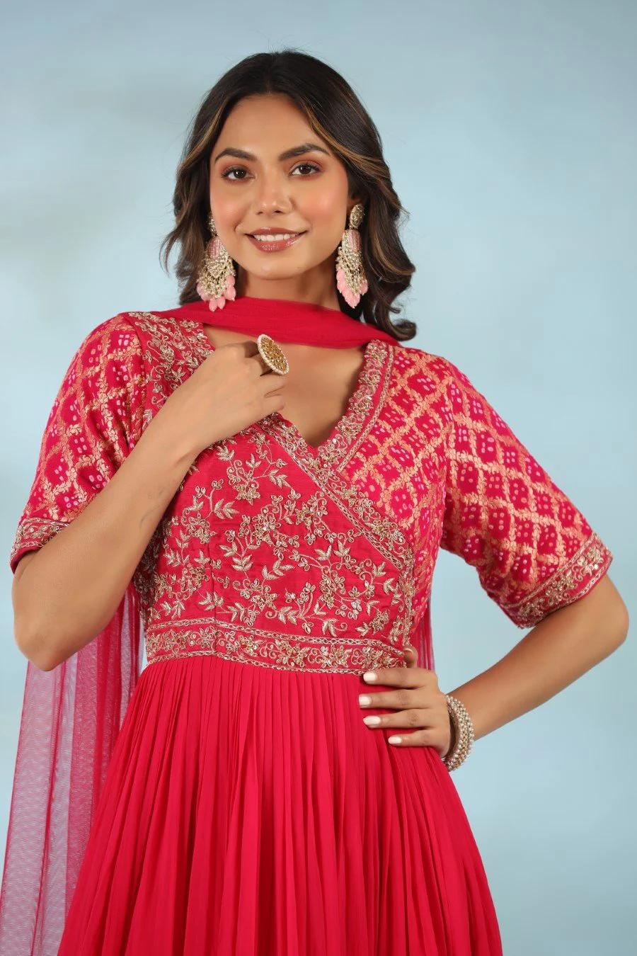 Deep Pink Hand Embriodered Anarkali with Dupatta - Image 2