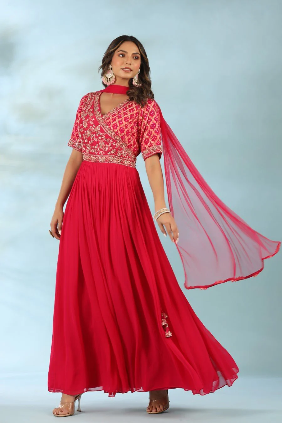 Deep Pink Hand Embriodered Anarkali with Dupatta - Image 3