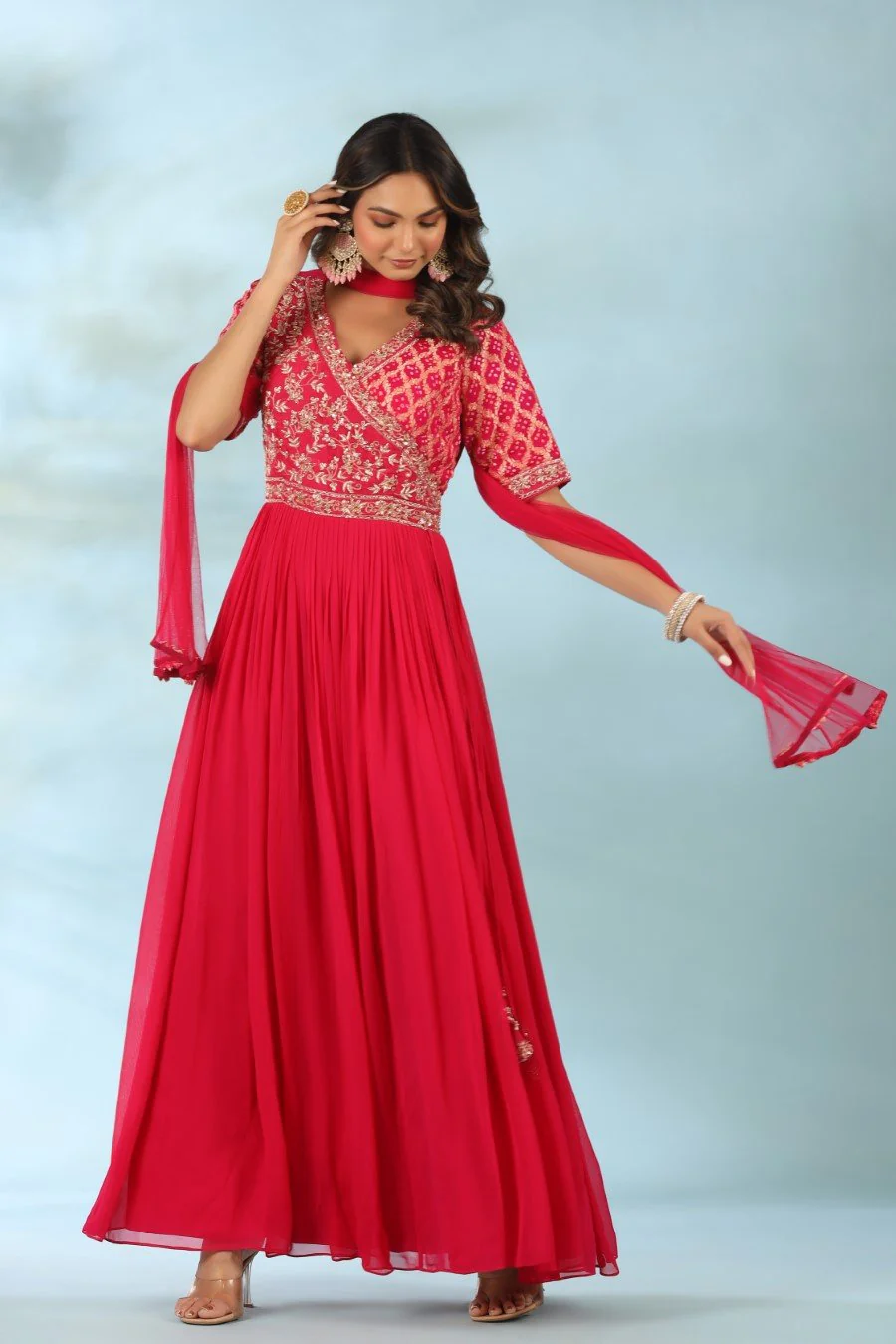 Deep Pink Hand Embriodered Anarkali with Dupatta - Image 4