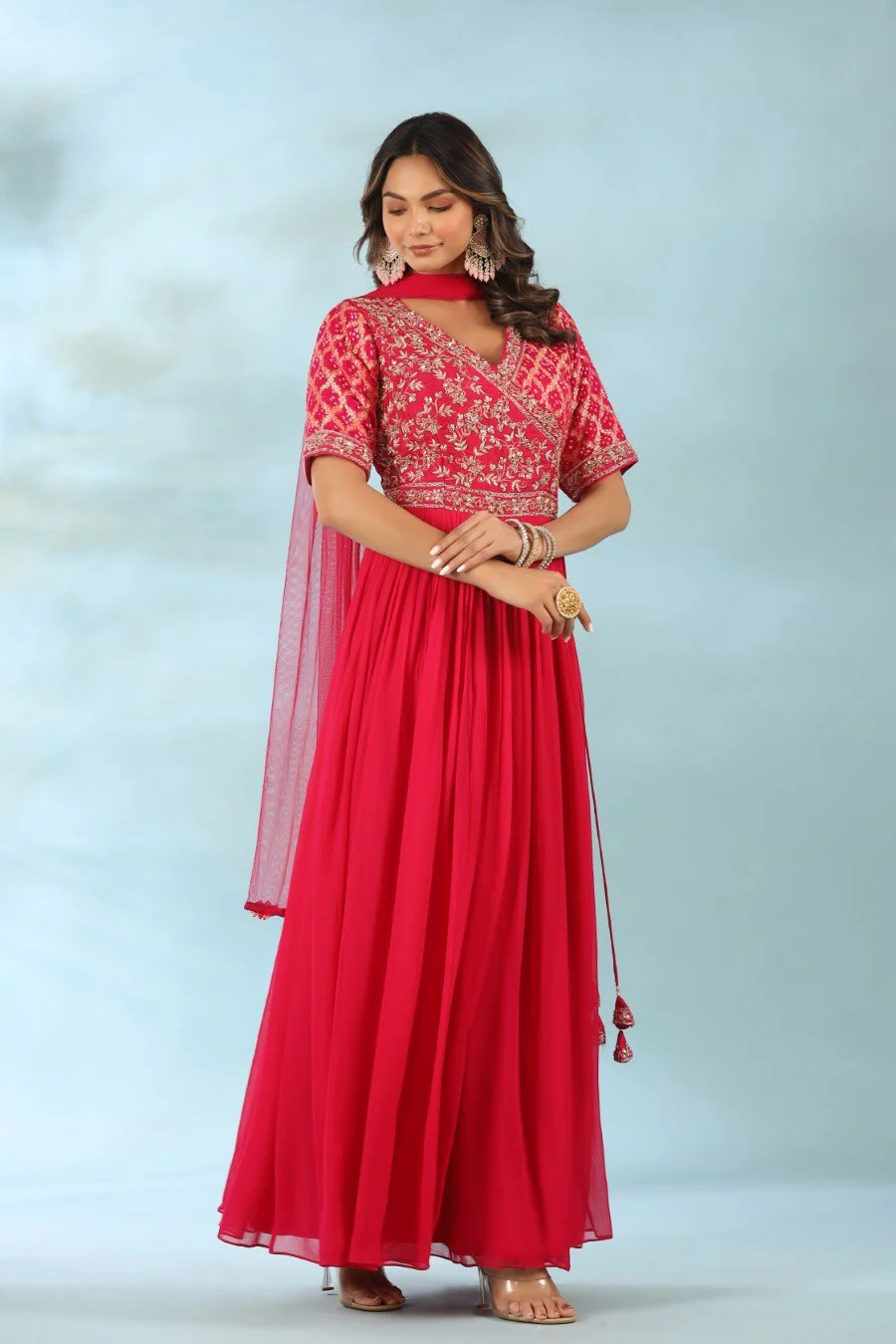 Deep Pink Hand Embriodered Anarkali with Dupatta - Image 5