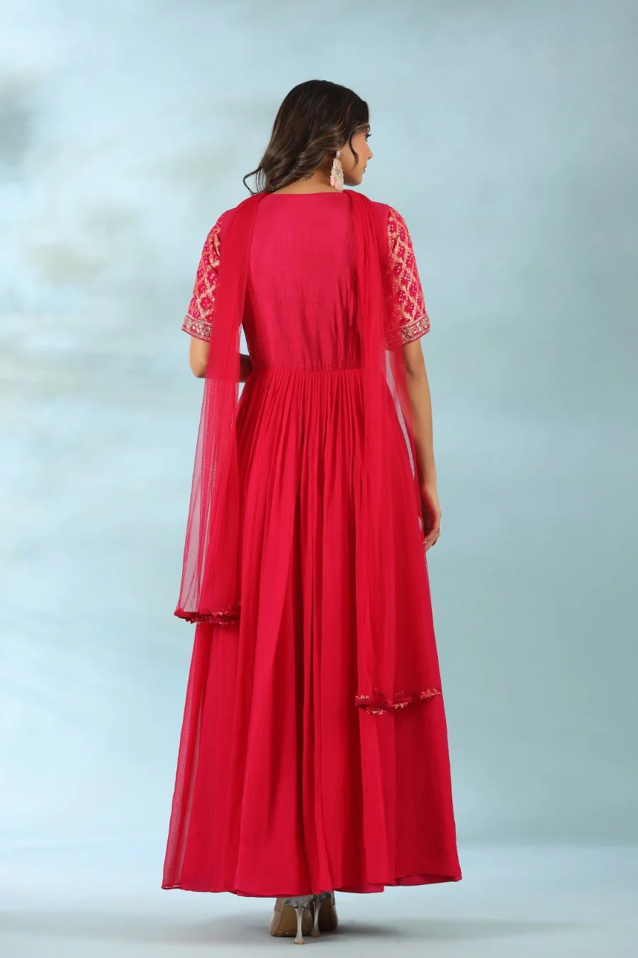 Deep Pink Hand Embriodered Anarkali with Dupatta - Image 6