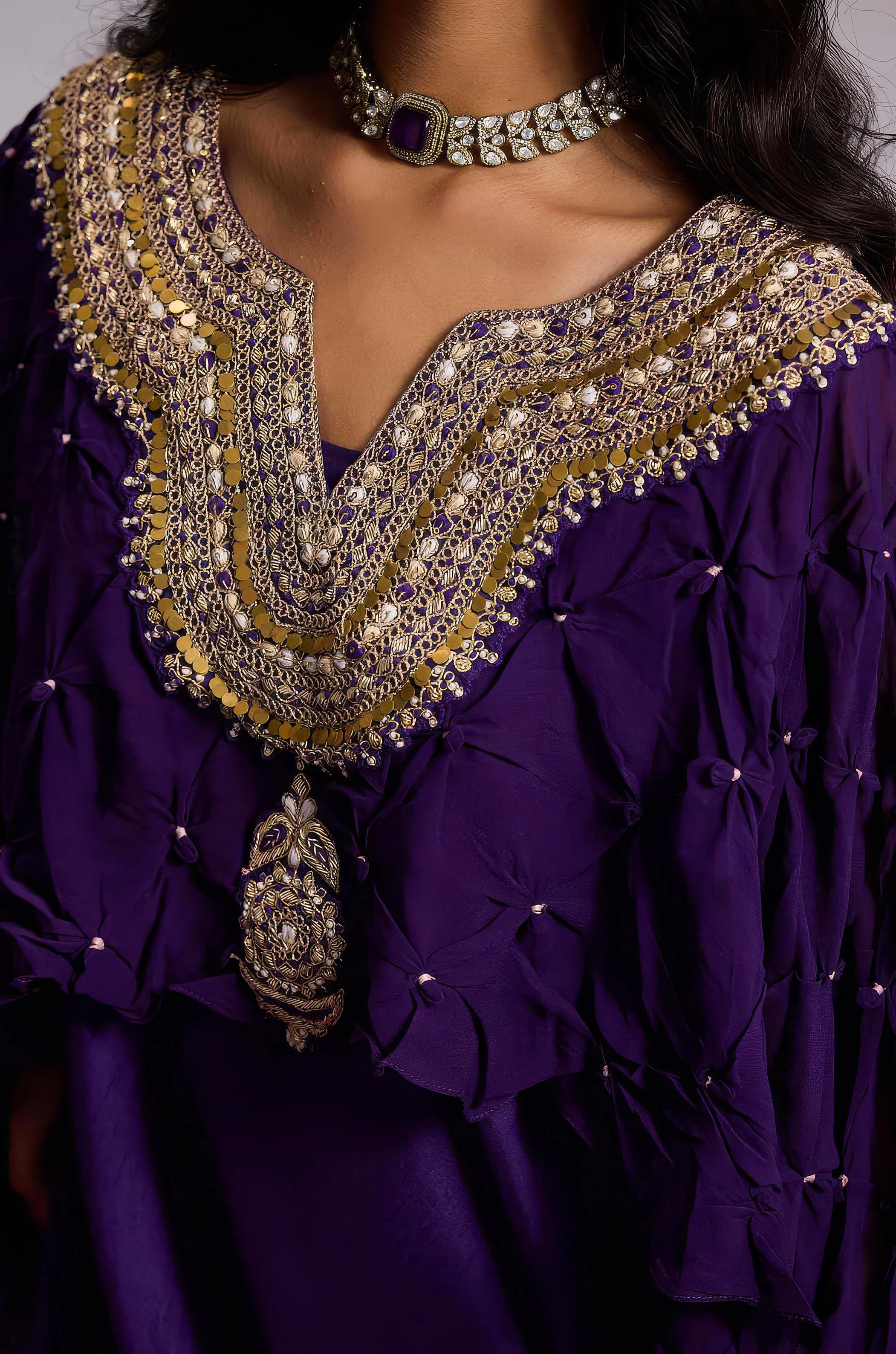 Plum Purple Embellished Georgette Silk Dress - Image 2