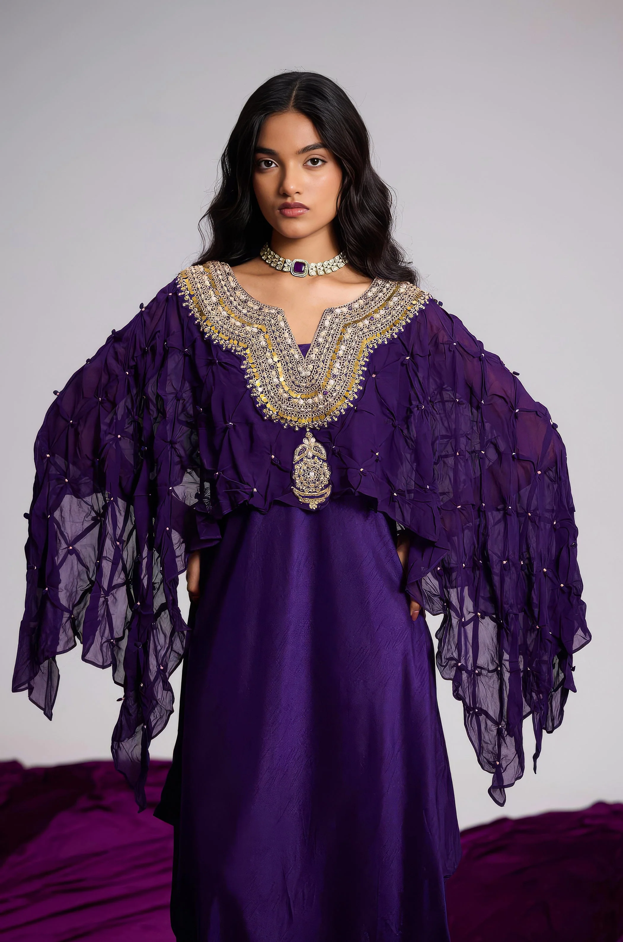 Plum Purple Embellished Georgette Silk Dress - Image 3