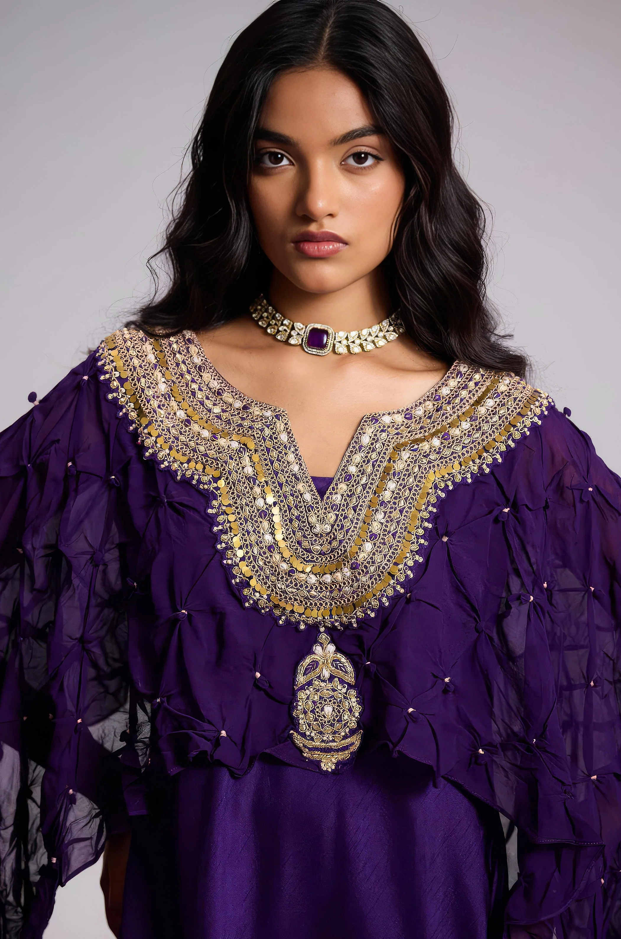 Plum Purple Embellished Georgette Silk Dress - Image 4