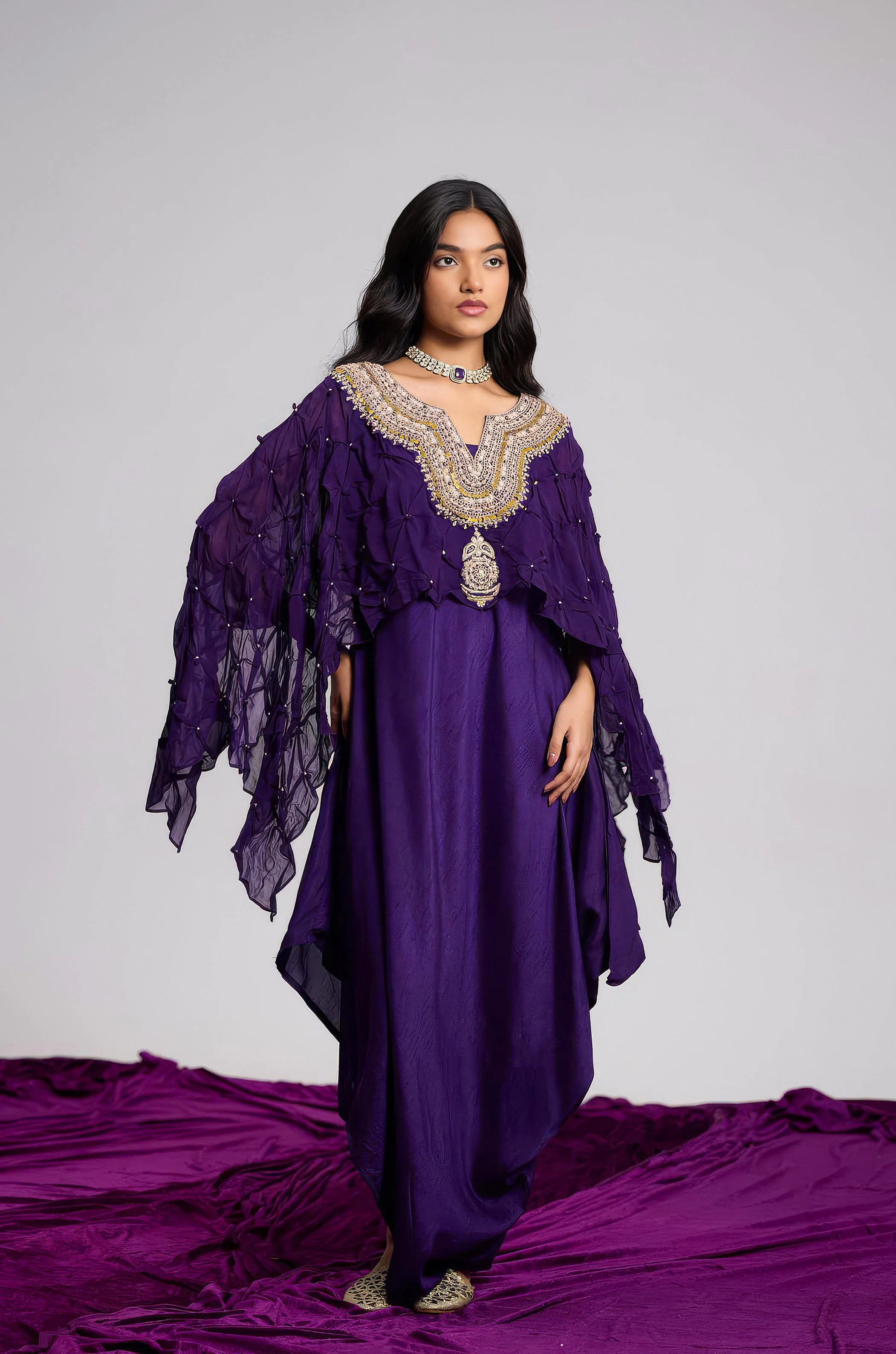Plum Purple Embellished Georgette Silk Dress - Image 5