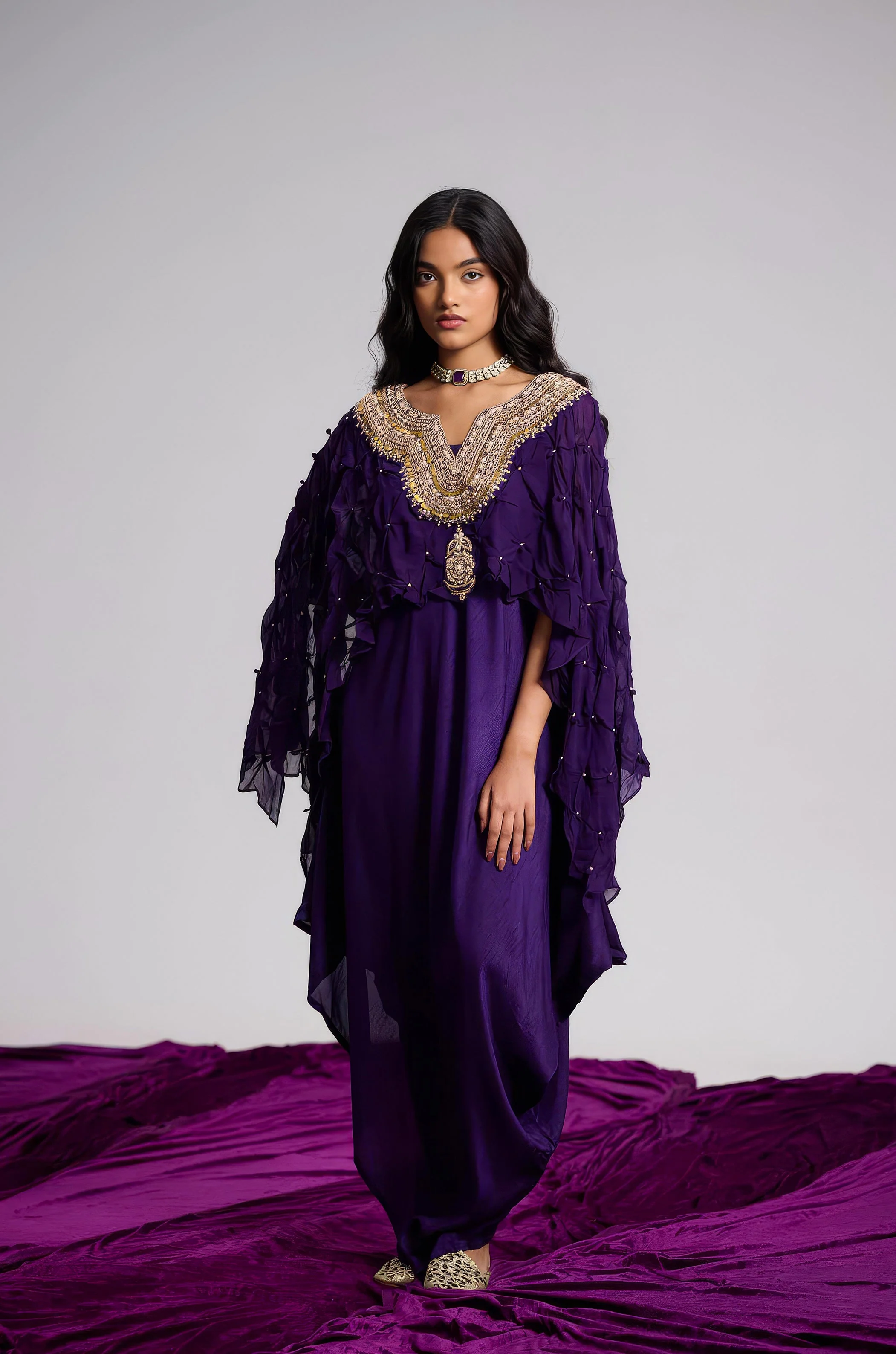 Plum Purple Embellished Georgette Silk Dress - Image 6