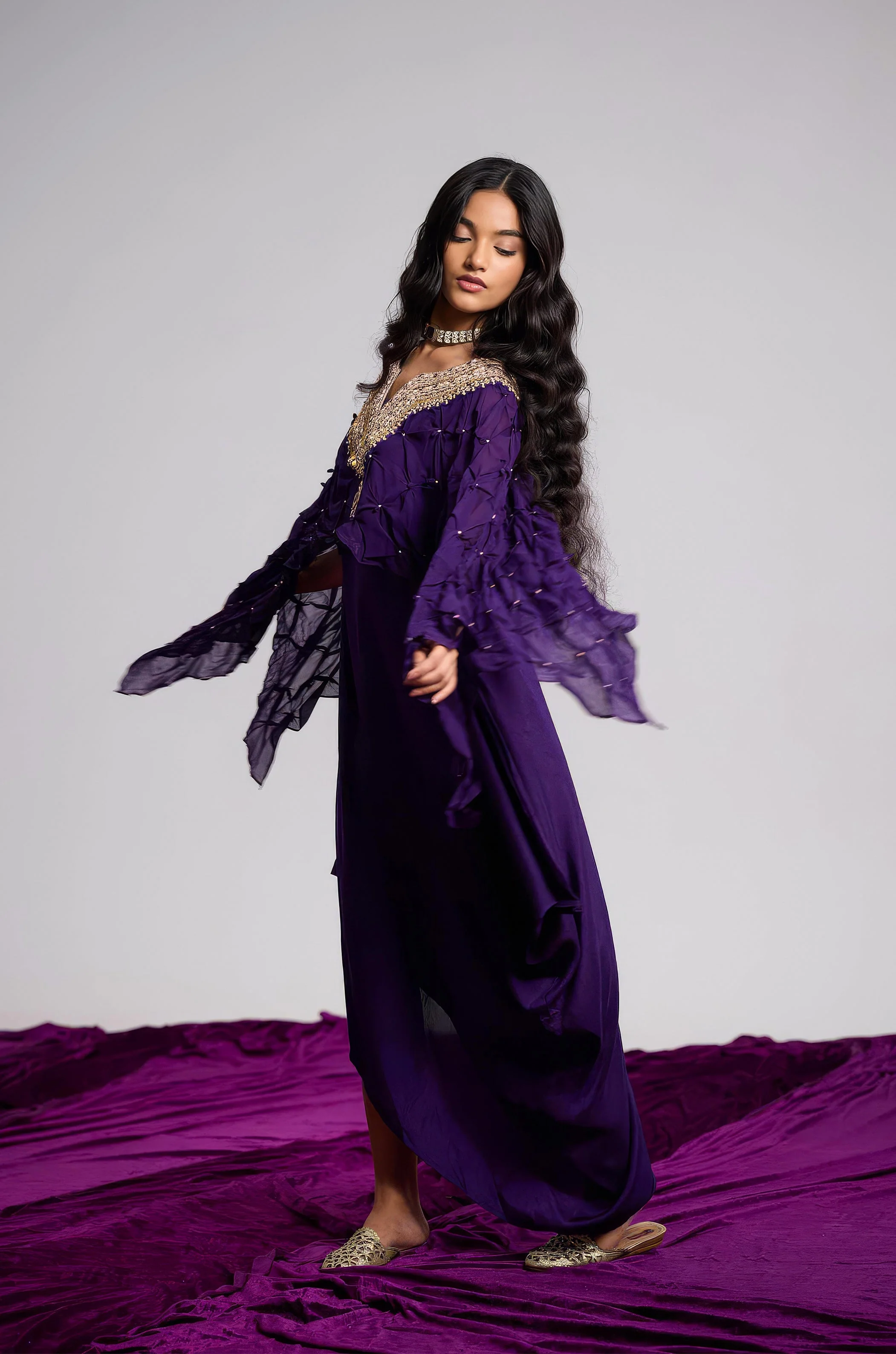 Plum Purple Embellished Georgette Silk Dress - Image 7