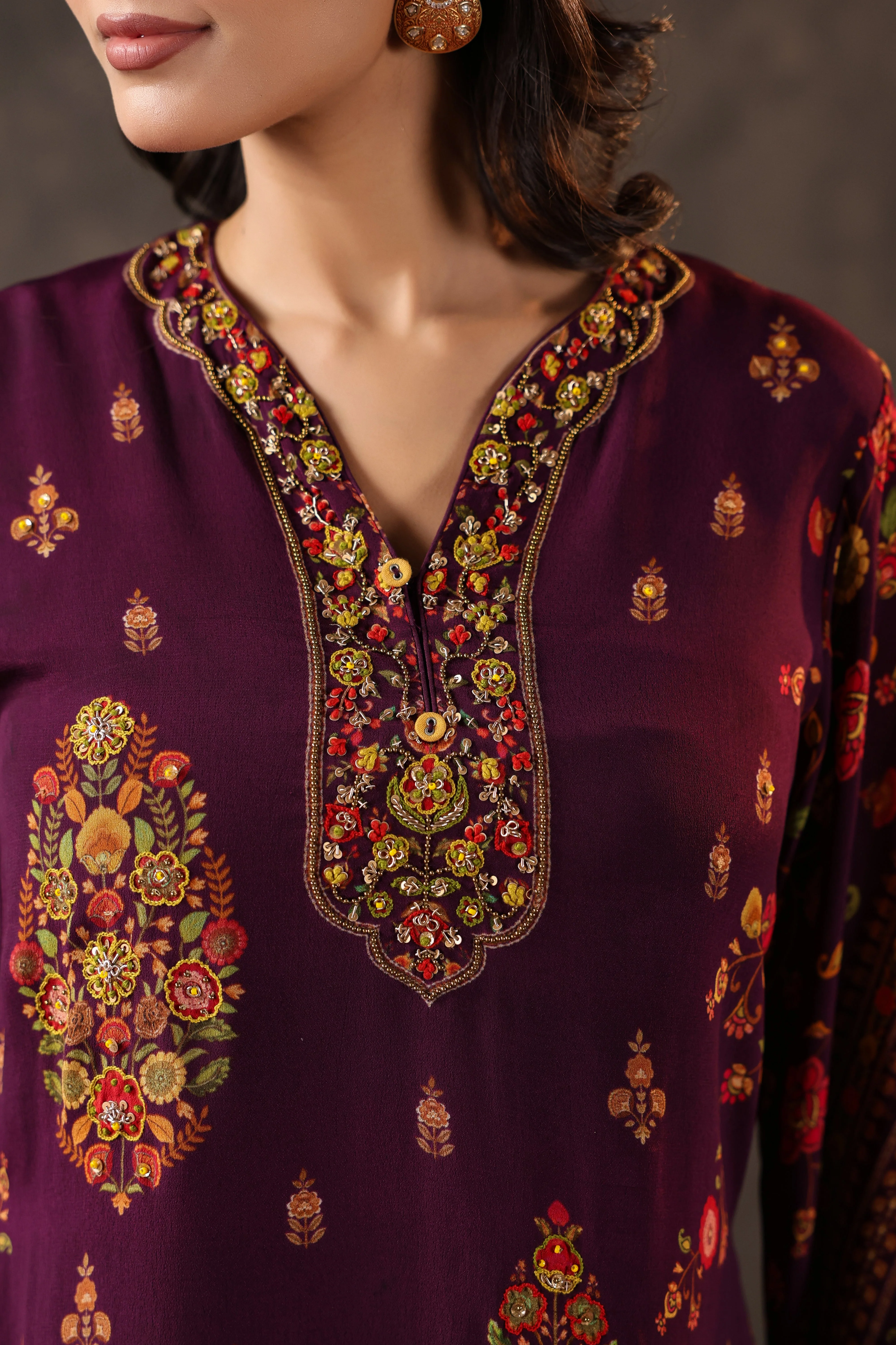 Deep Plum Paisley Printed Crepe Silk Dhoti Set - Image 2