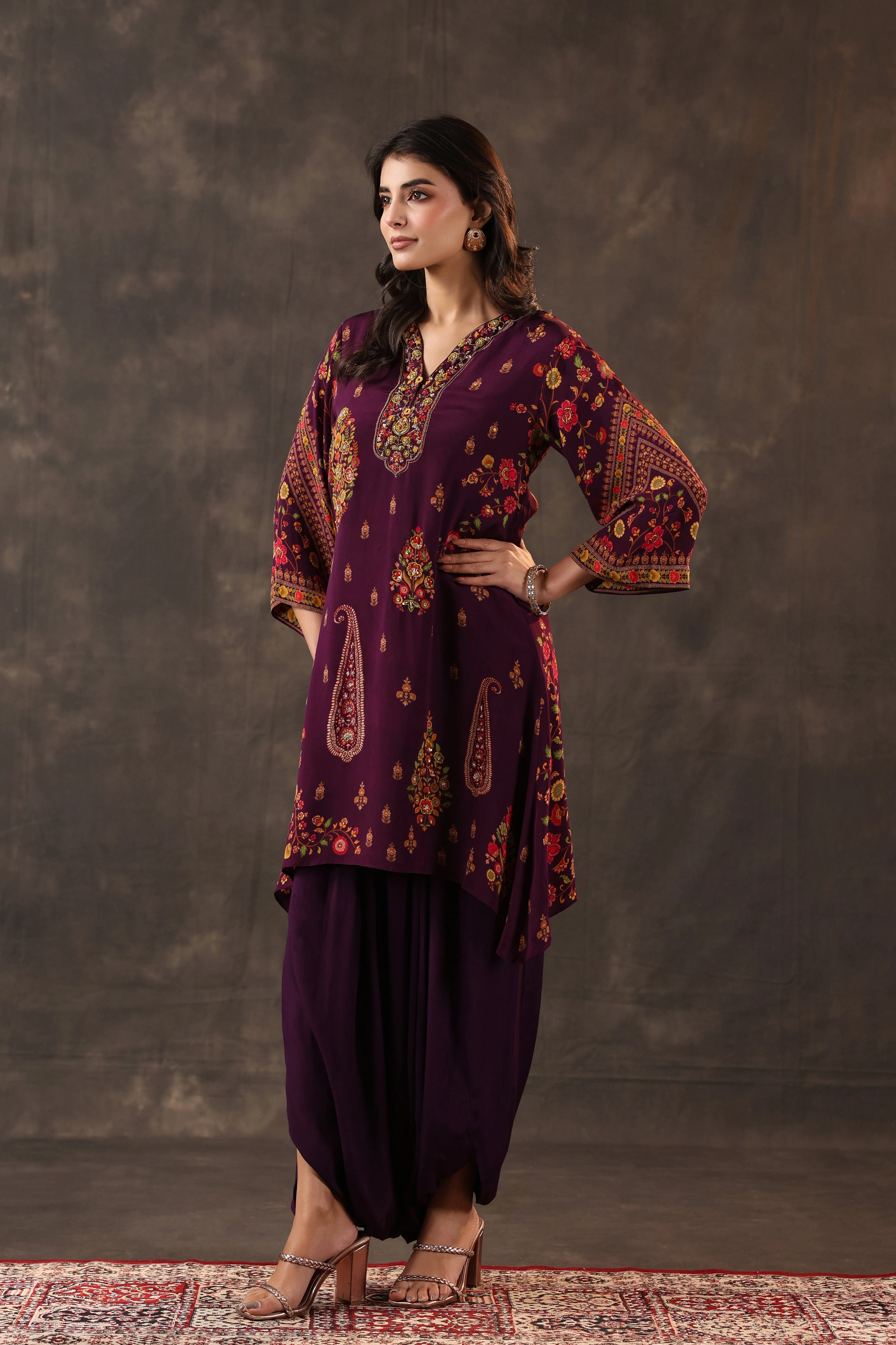 Deep Plum Paisley Printed Crepe Silk Dhoti Set - Image 3